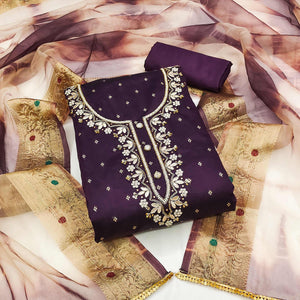 Purple Woven With Handwork Chanderi Silk Dress Material