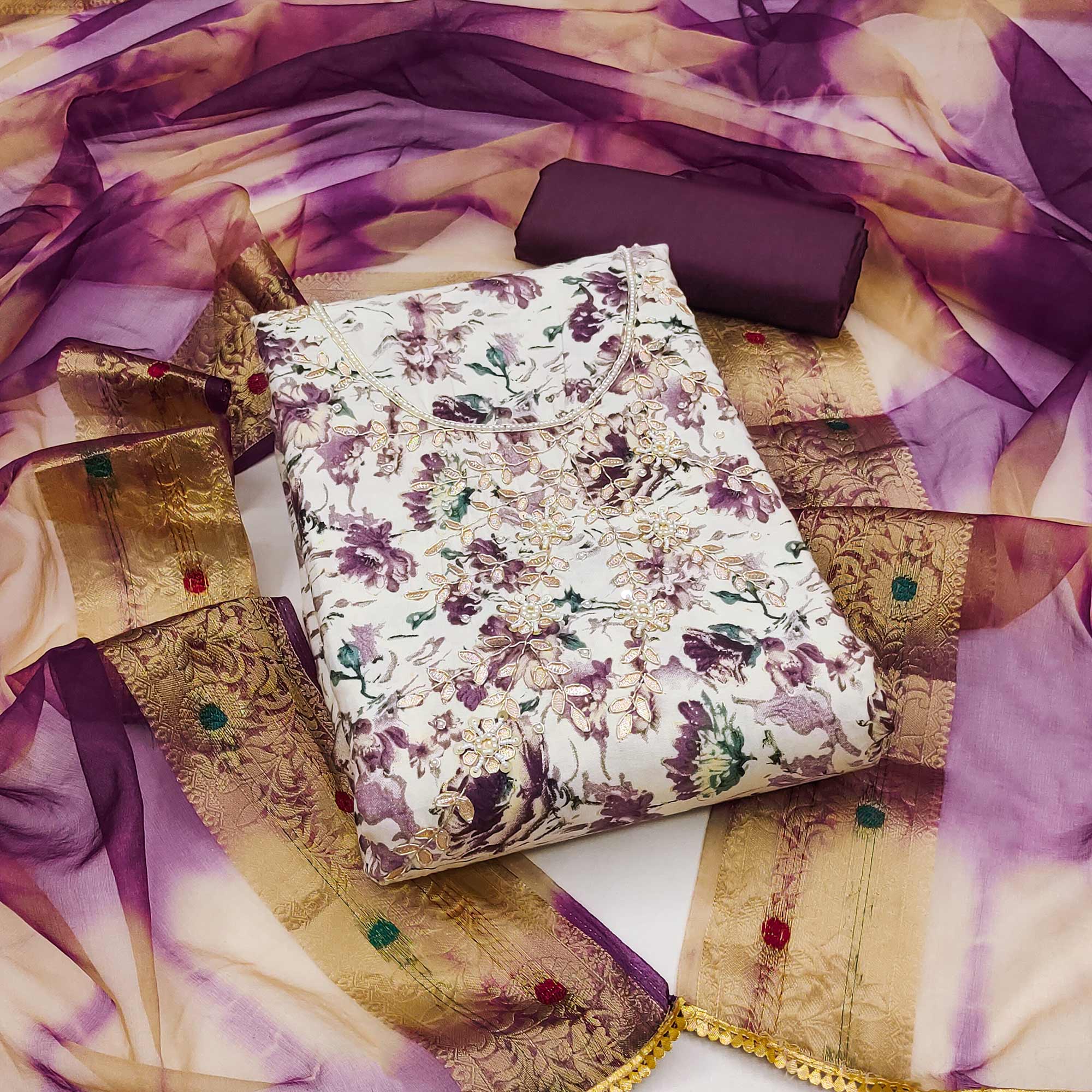 Purple Floral Printed With Handwork Pure Cotton Dress Material