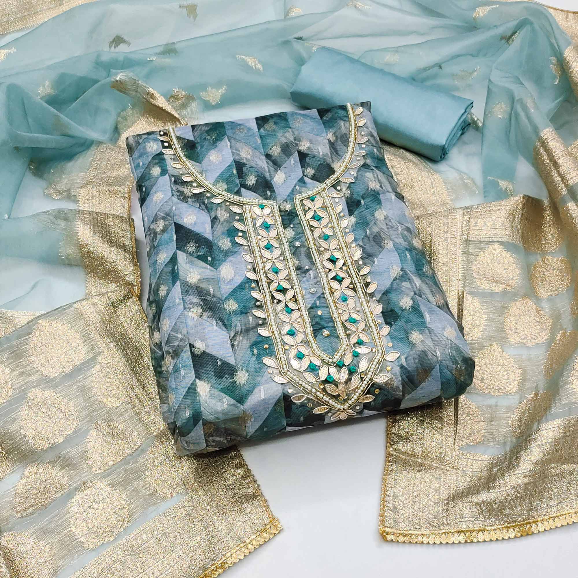 Blue Digital Printed With Woven Organza Dress Material