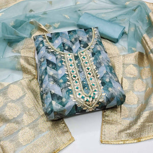 Blue Digital Printed With Woven Organza Dress Material