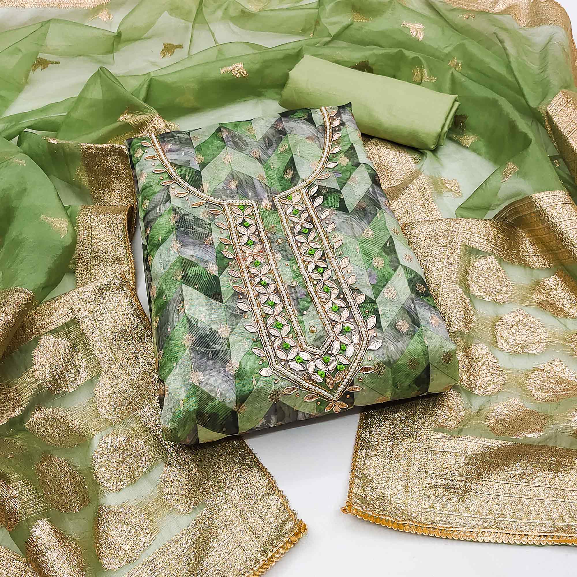Green Digital Printed With Woven Organza Dress Material