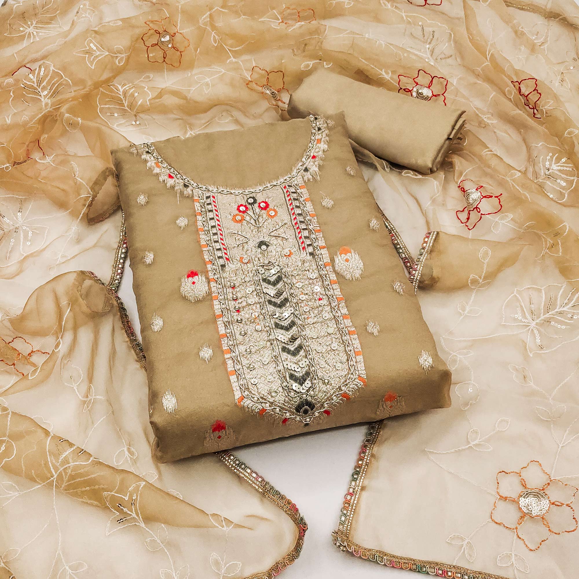 Beige Woven With Handwork Organza Dress Material