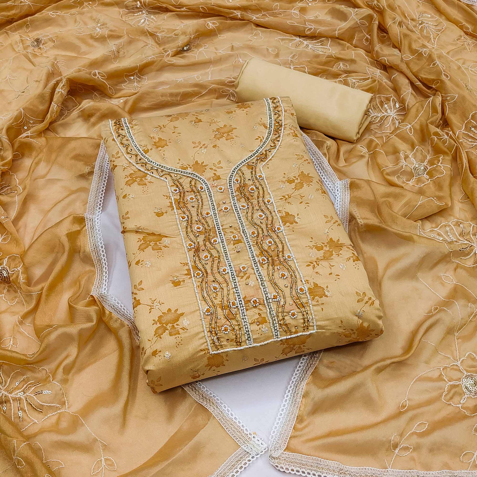 Chikoo Digital Printed With Woven Chanderi Silk Dress Material