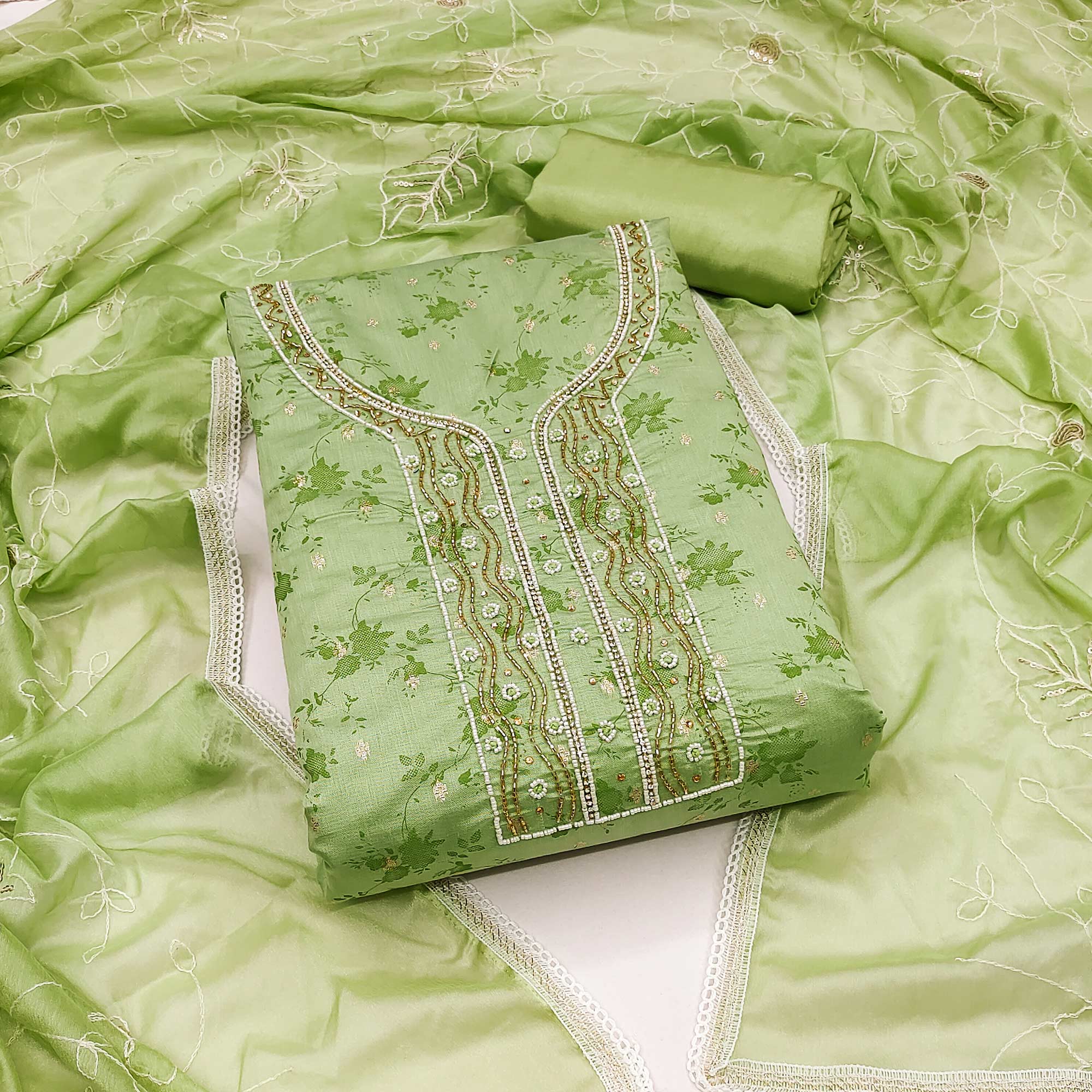 Green Digital Printed With Woven Chanderi Silk Dress Material