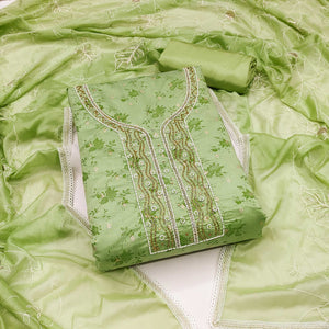 Green Digital Printed With Woven Chanderi Silk Dress Material