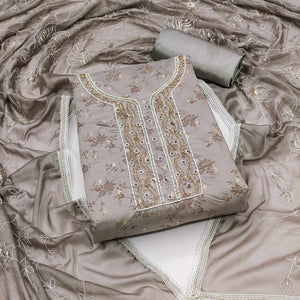 Grey Digital Printed With Woven Chanderi Silk Dress Material