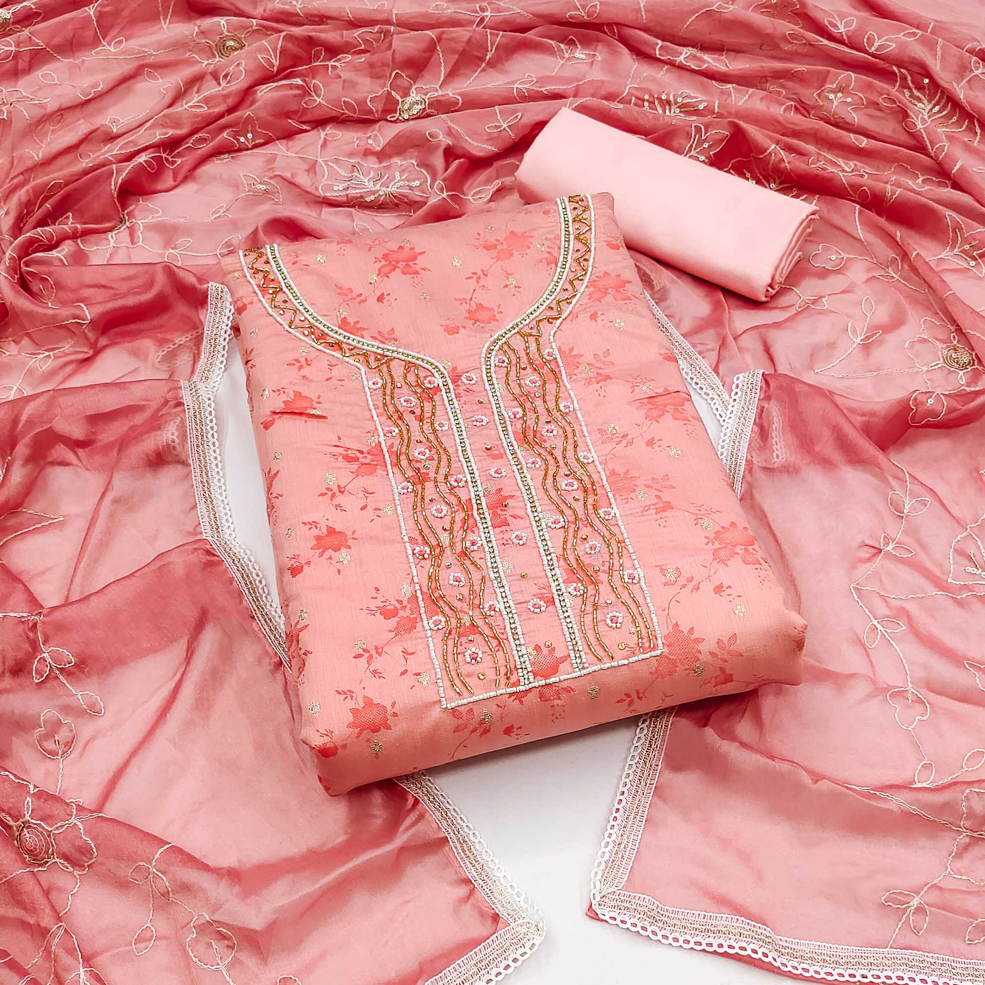 Peach Digital Printed With Woven Chanderi Silk Dress Material