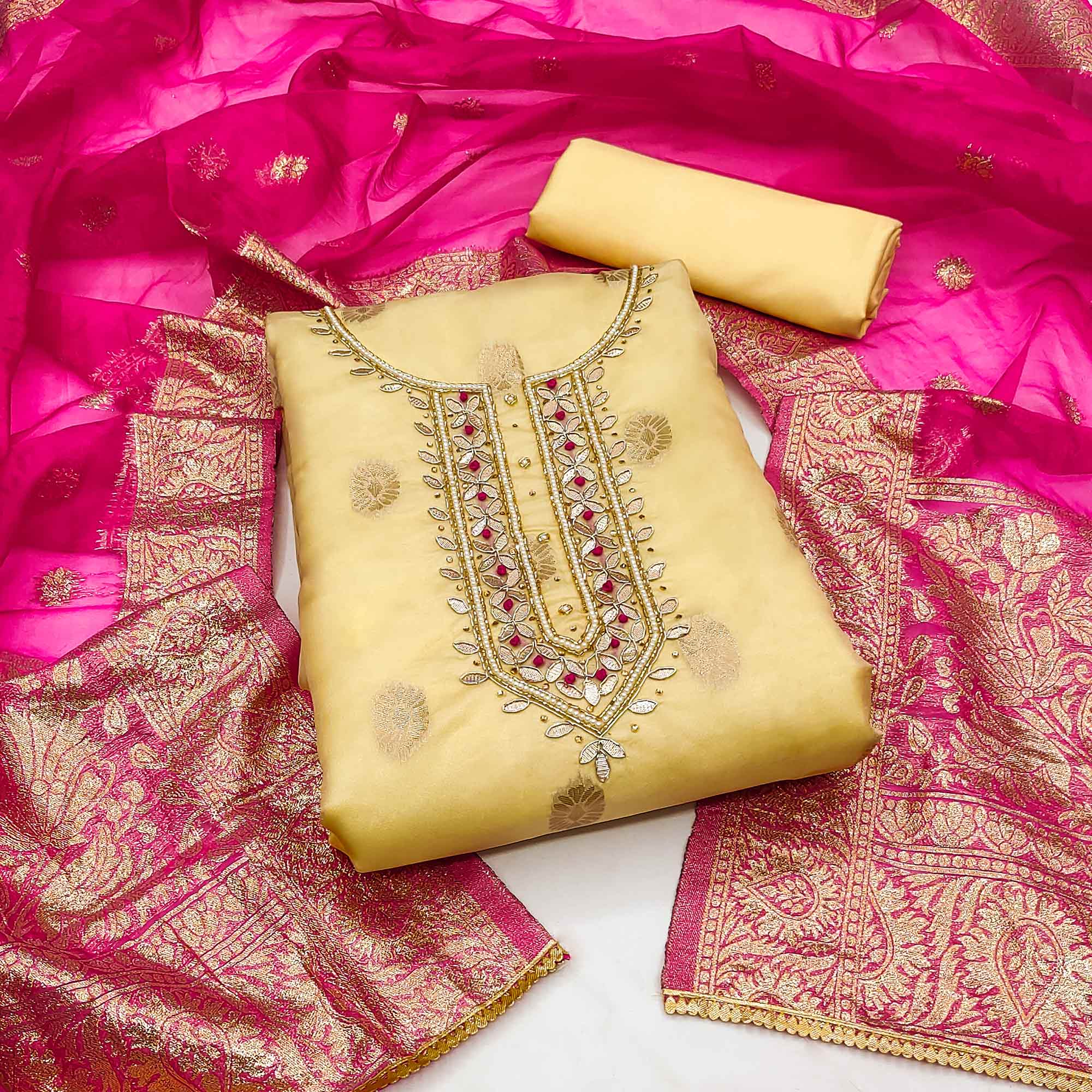 Yellow Woven With Handwork Organza Dress Material