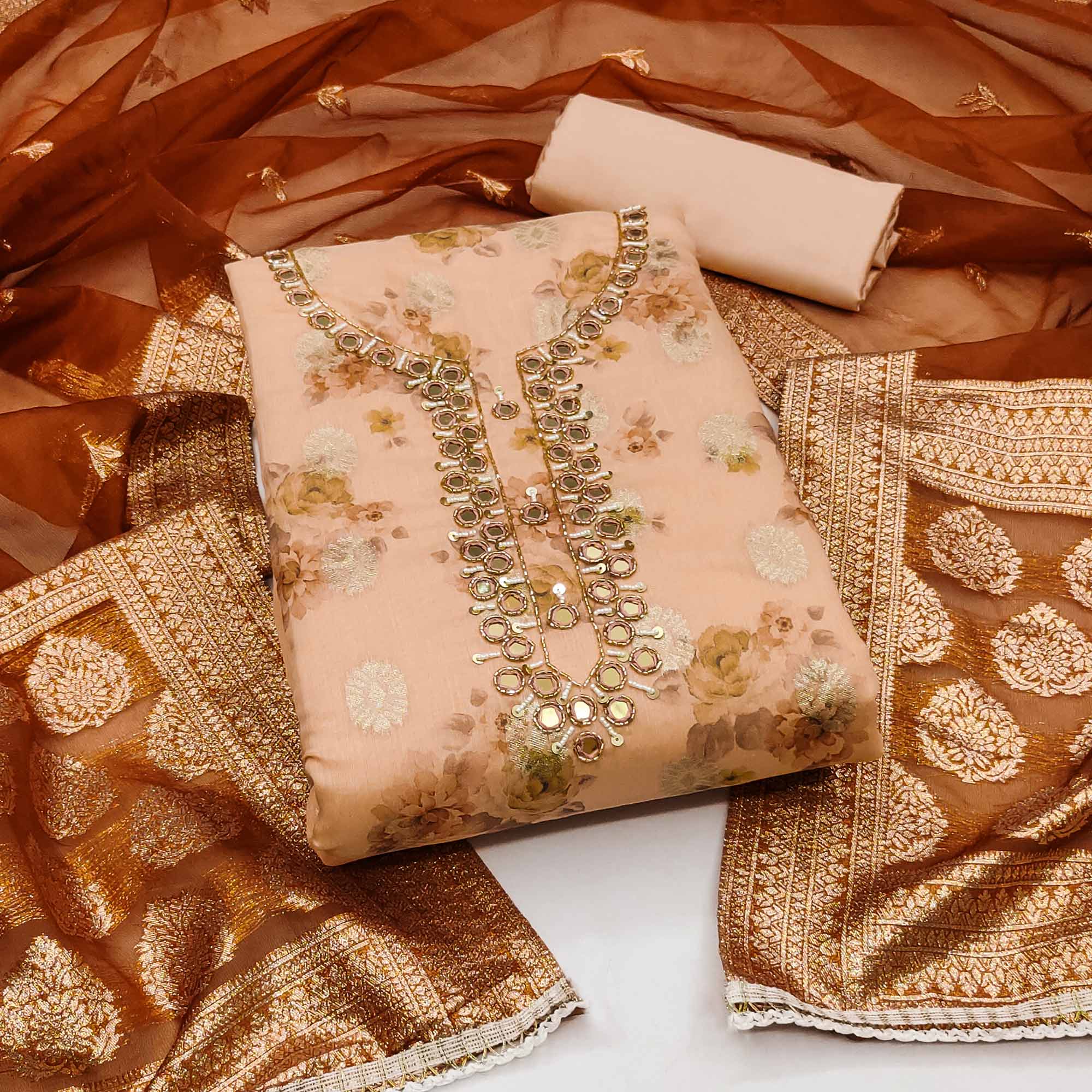 Peach Woven With Digital Printed Chanderi Silk Dress Material
