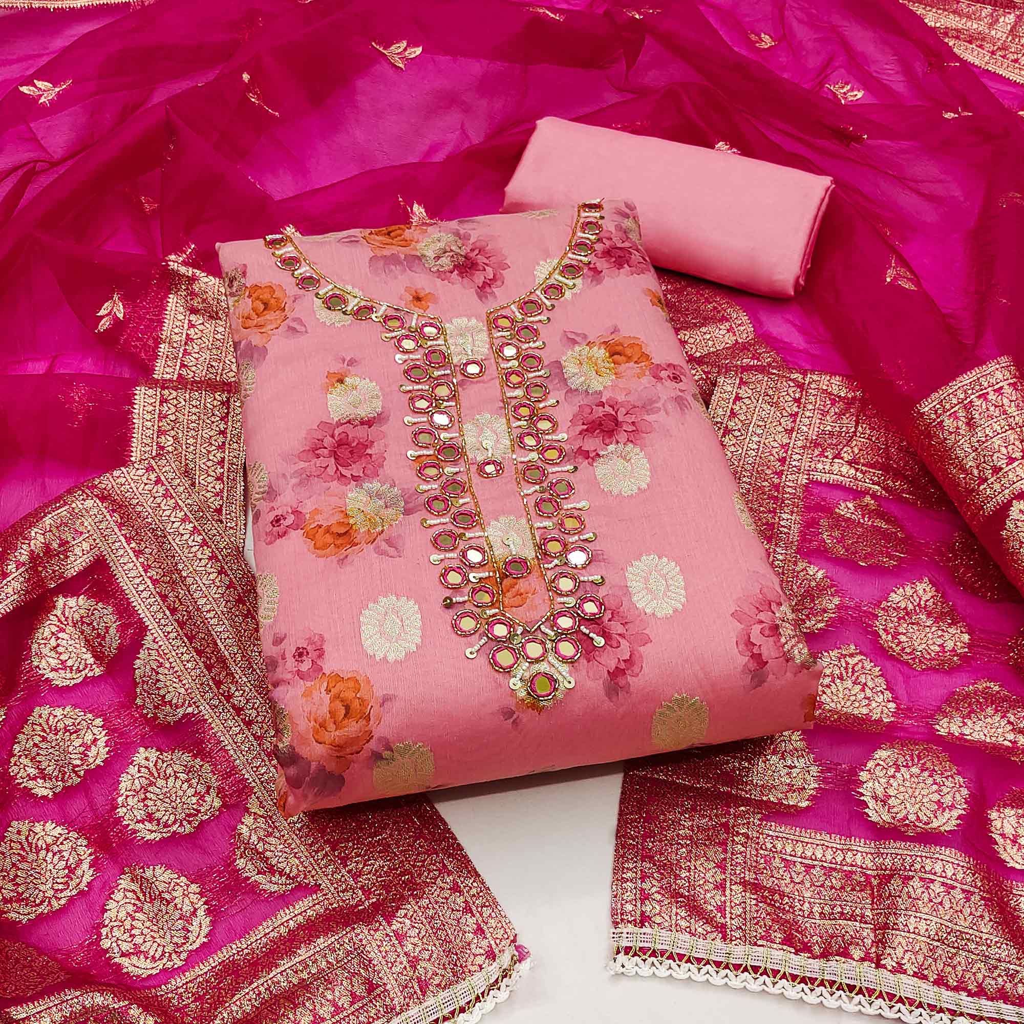 Pink Woven With Digital Printed Chanderi Silk Dress Material