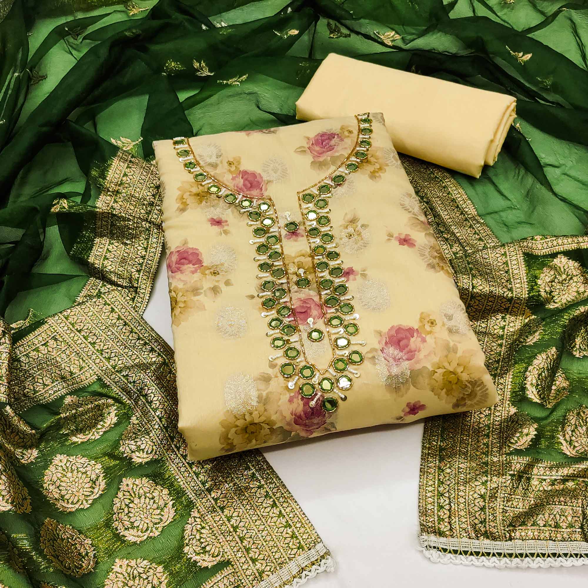 Yellow Woven With Digital Printed Chanderi Silk Dress Material