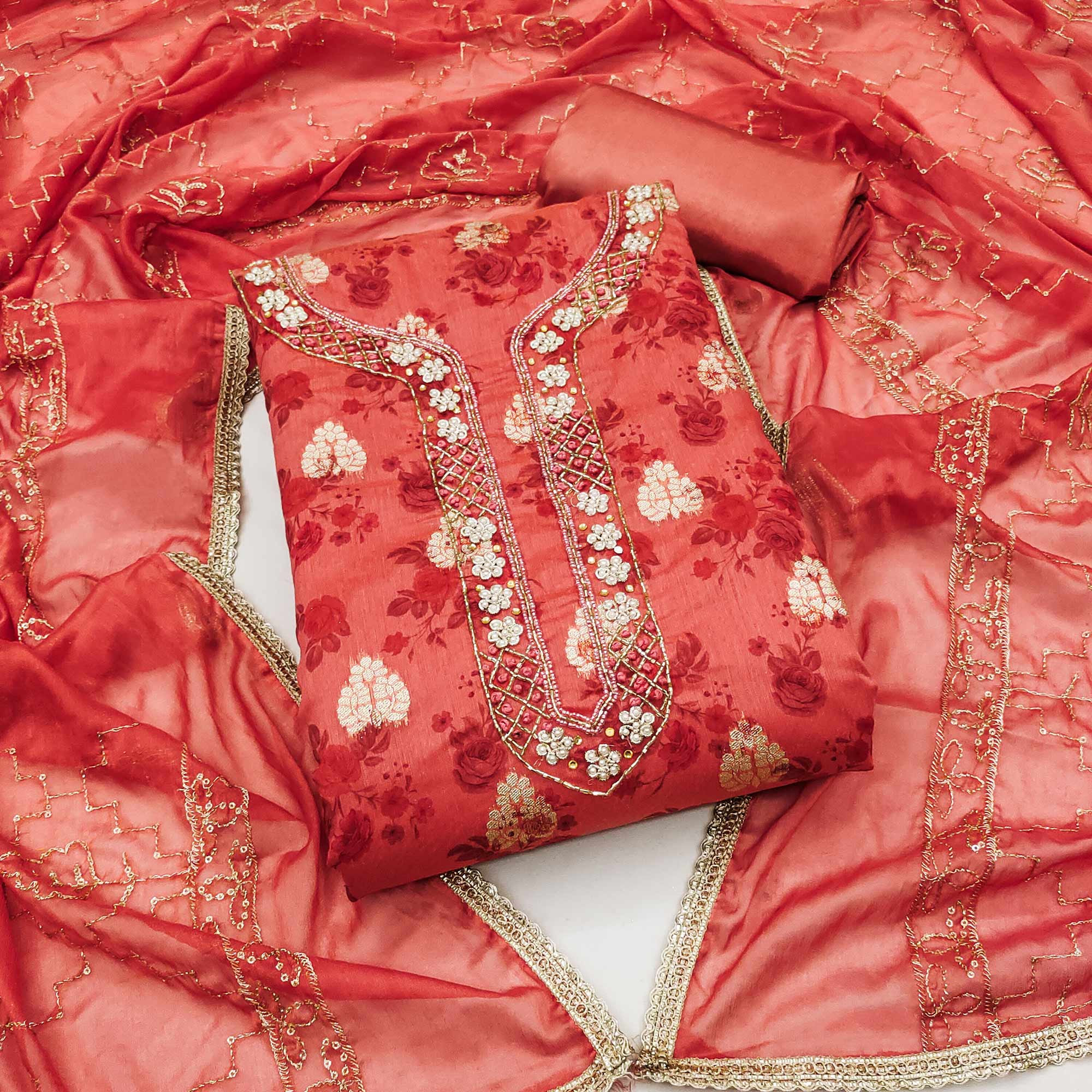 Peach Floral Printed Chanderi Silk Dress Material