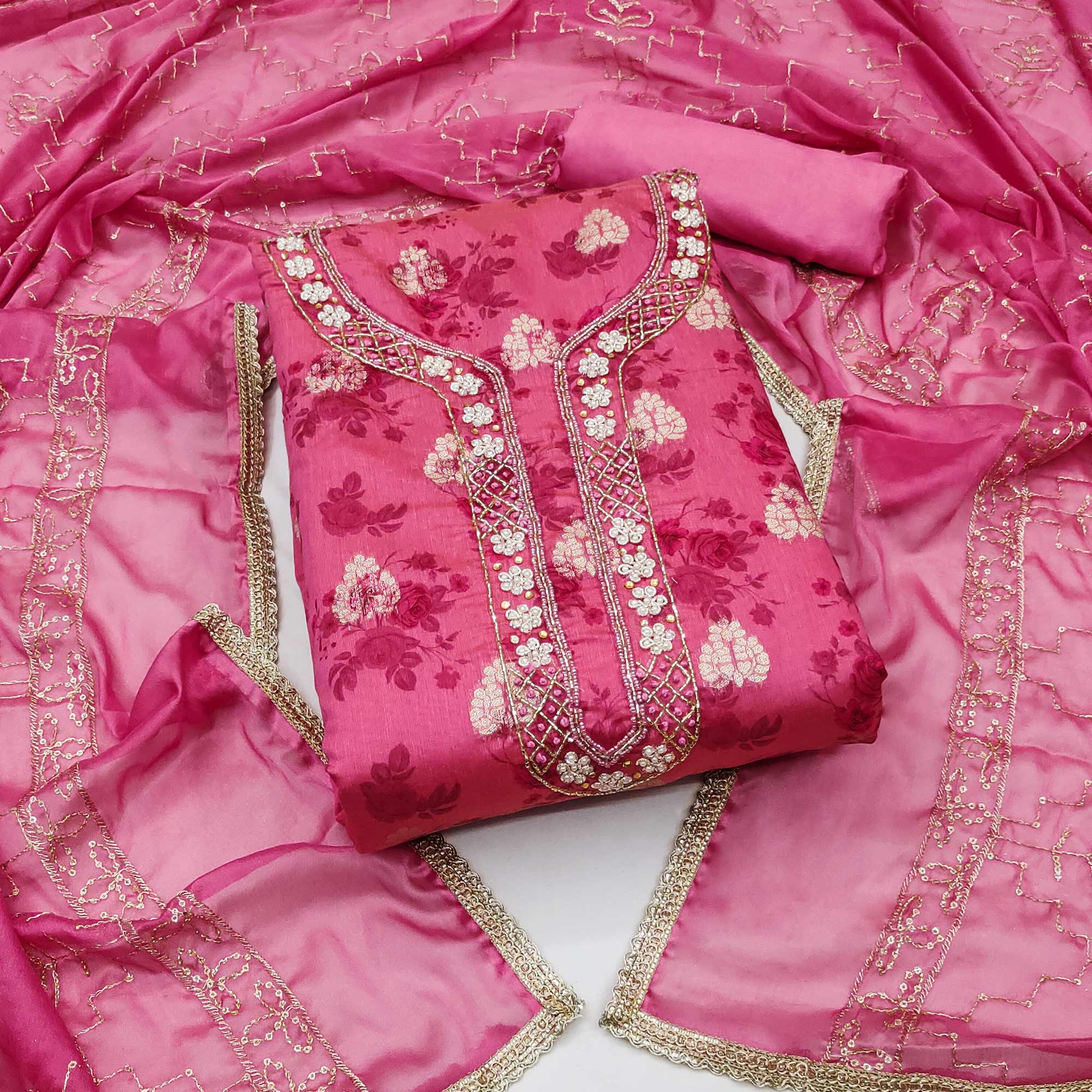 Pink Floral Printed Chanderi Silk Dress Material