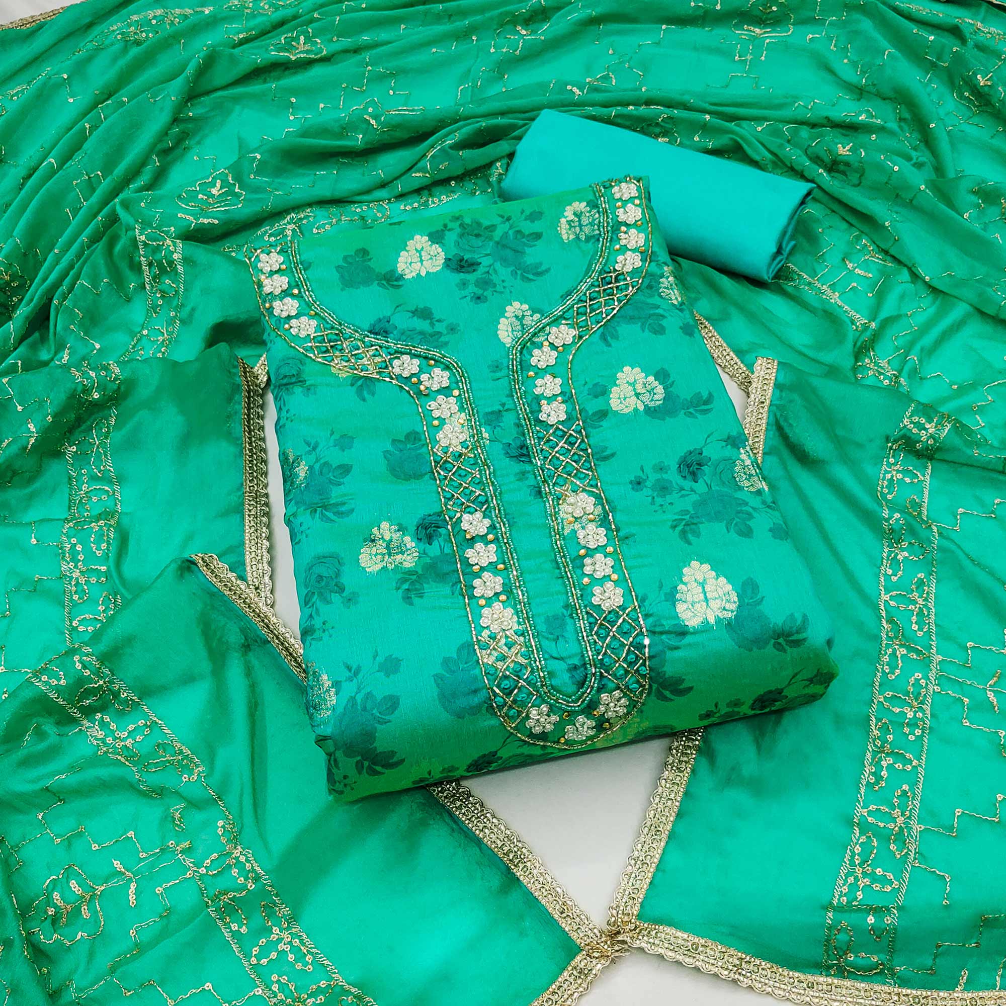 Turquoise Floral Printed Chanderi Silk Dress Material