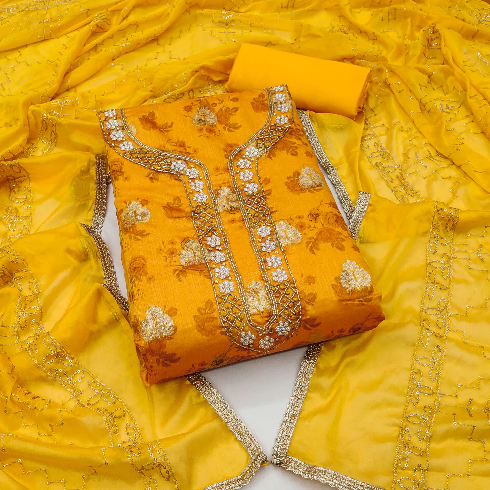 Yellow Floral Printed Chanderi Silk Dress Material