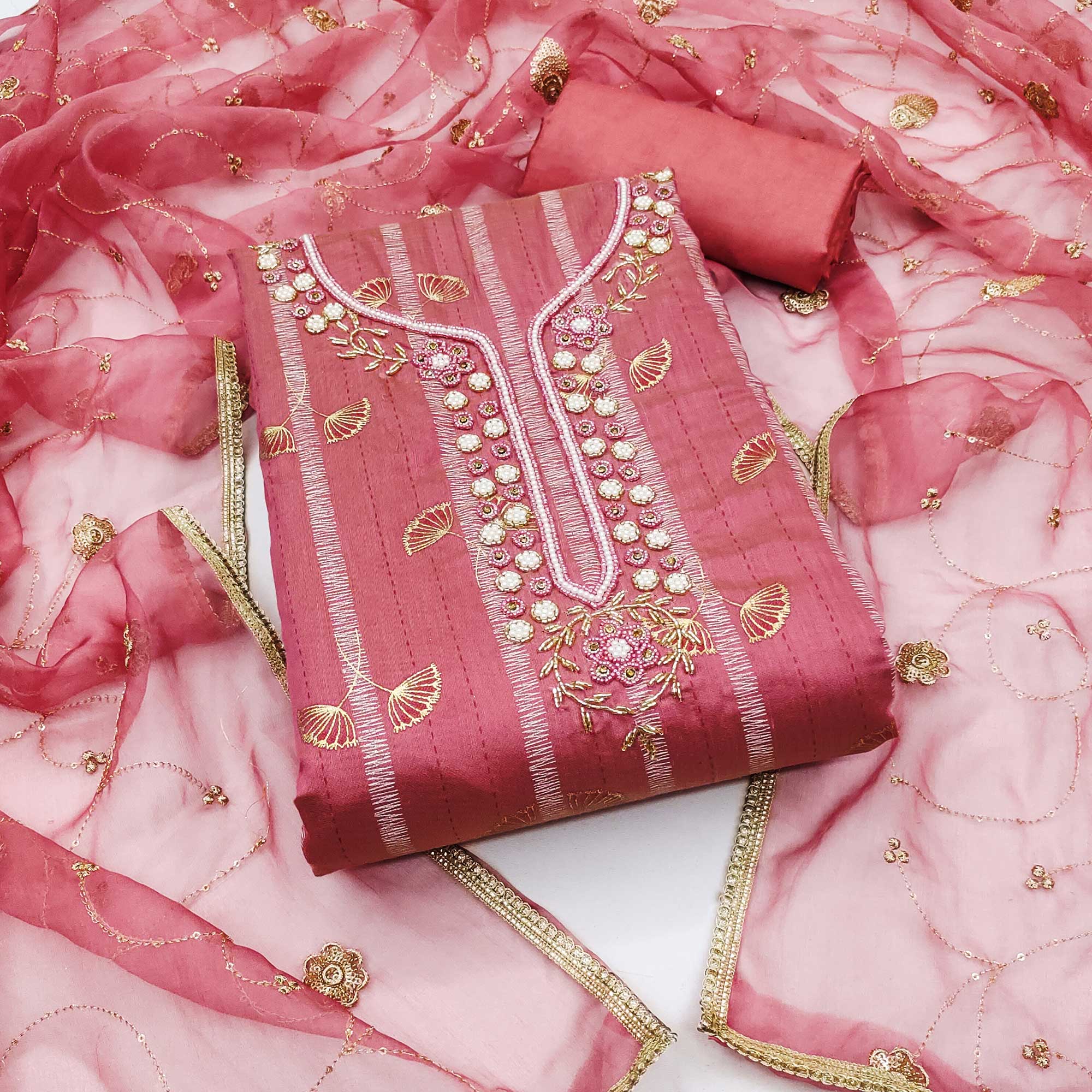 Gajri Pink Foil Printed Chanderi Silk Dress Material