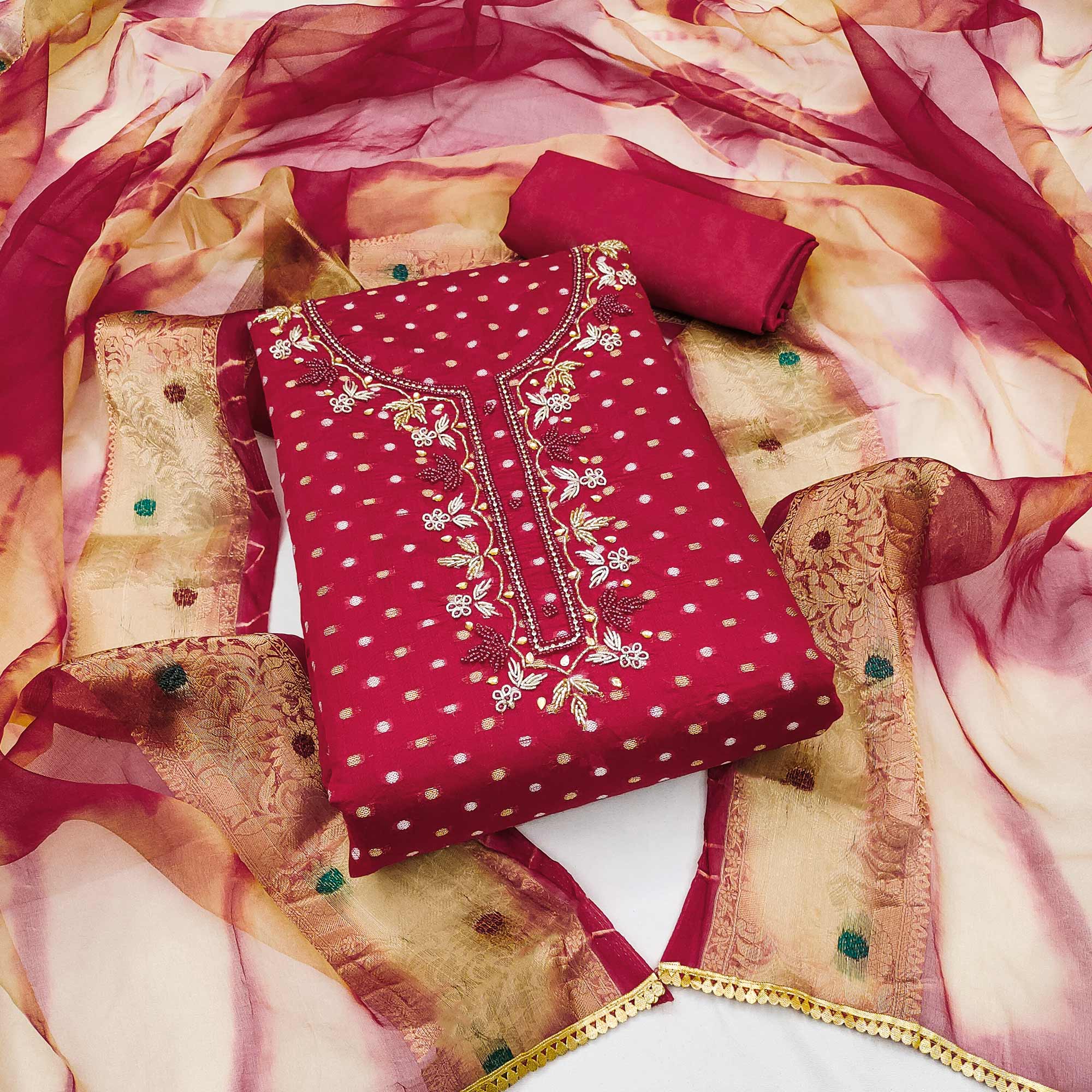 Pink Woven Chanderi Silk Dress Material