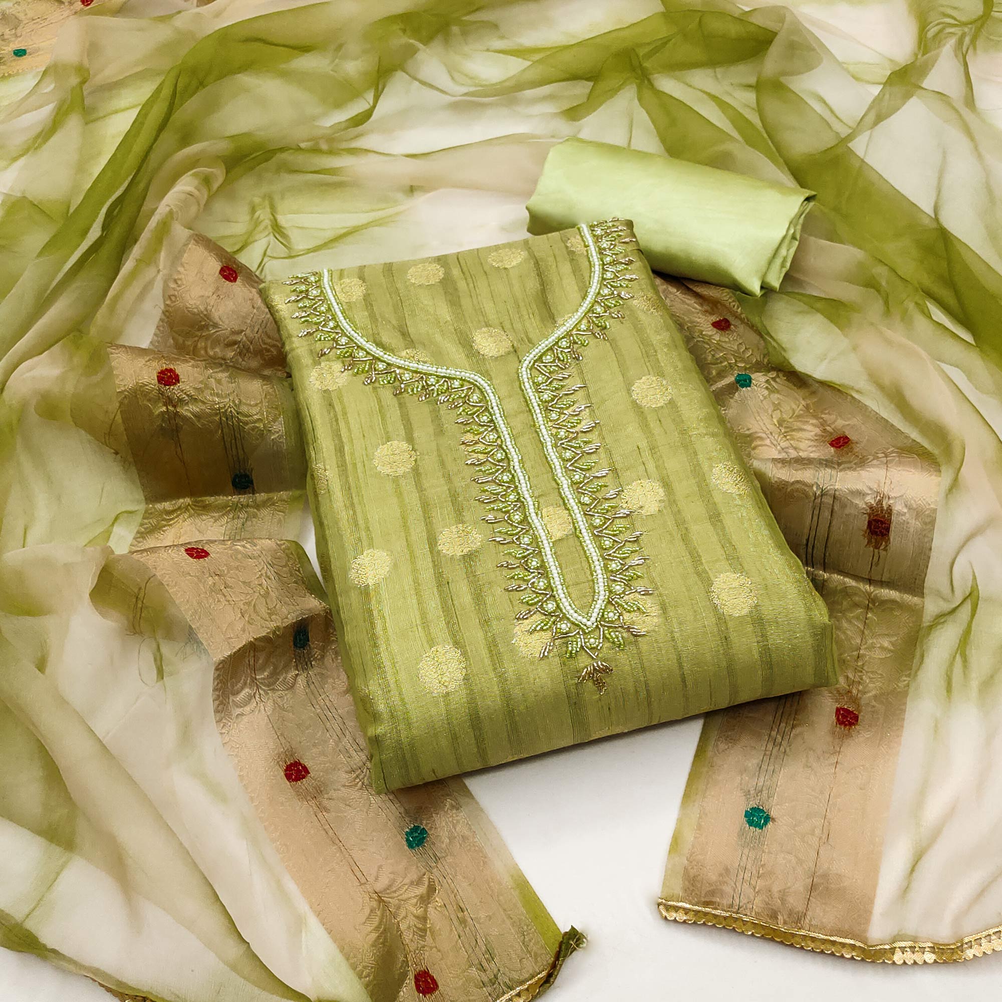 Green Woven Chanderi Silk Dress Material