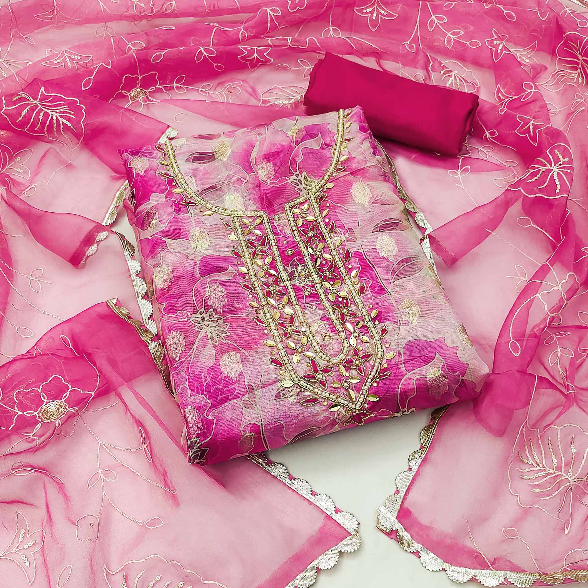 Pink Floral Digital Printed Organza Dress Material