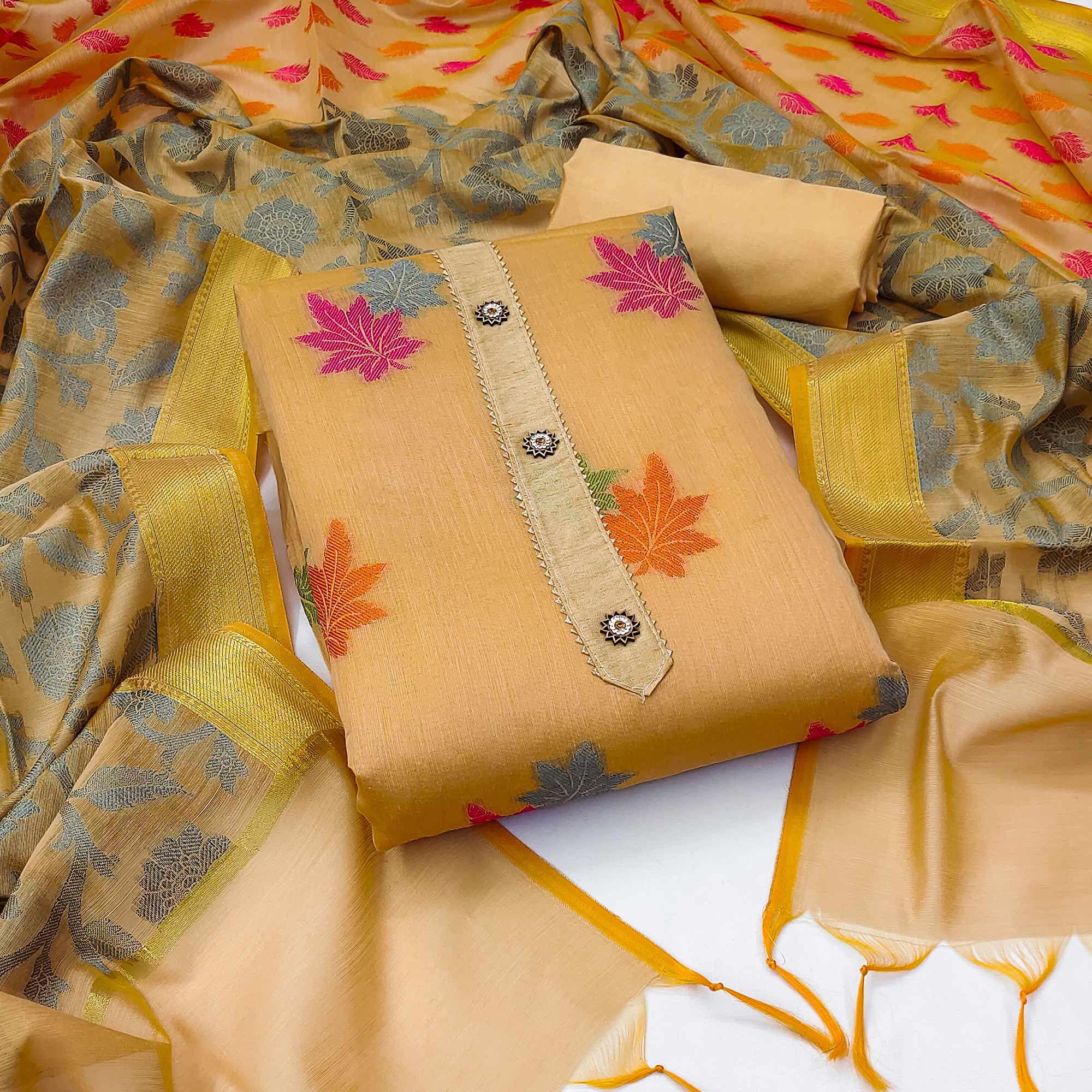 Chikoo Woven Banarasi Silk Dress Material