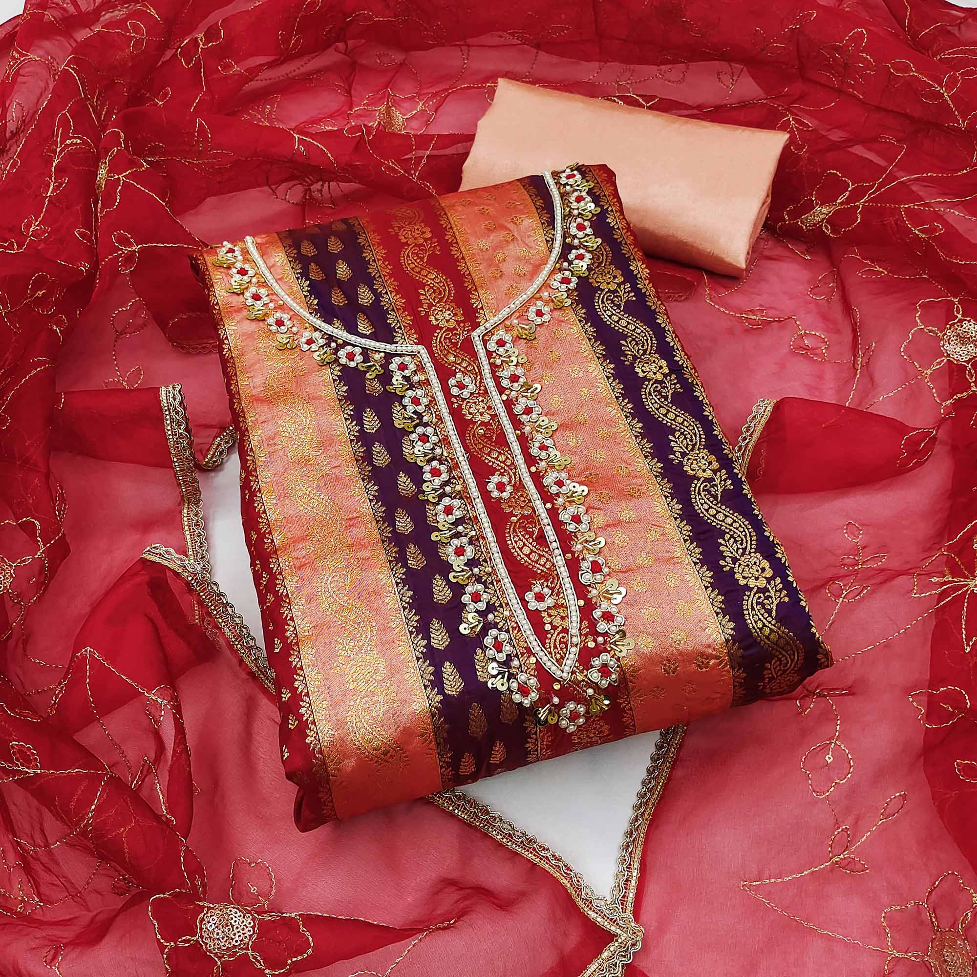 Peach & Red Woven With Handwork Banarasi Silk Dress Material