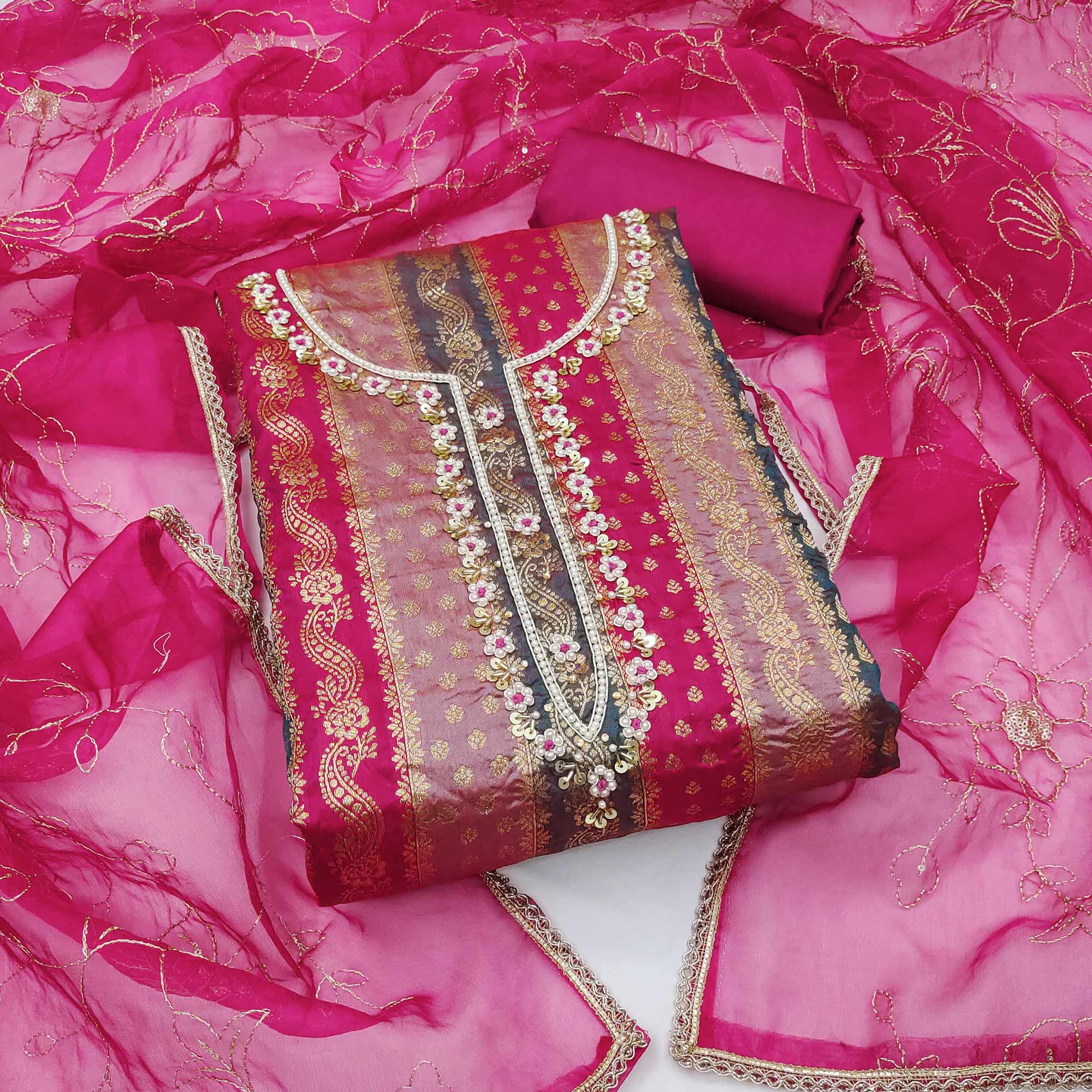 Pink Woven With Handwork Banarasi Silk Dress Material