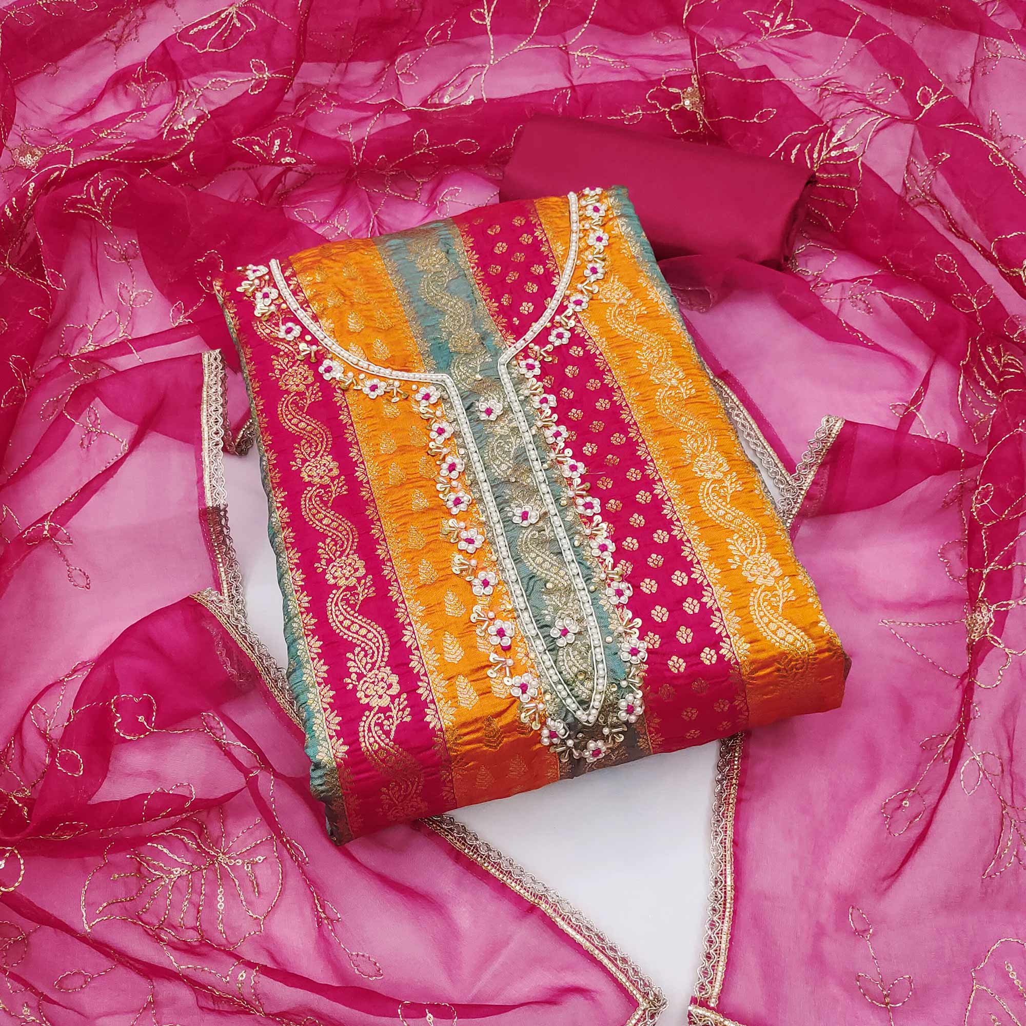 Pink & Orange Woven With Handwork Banarasi Silk Dress Material