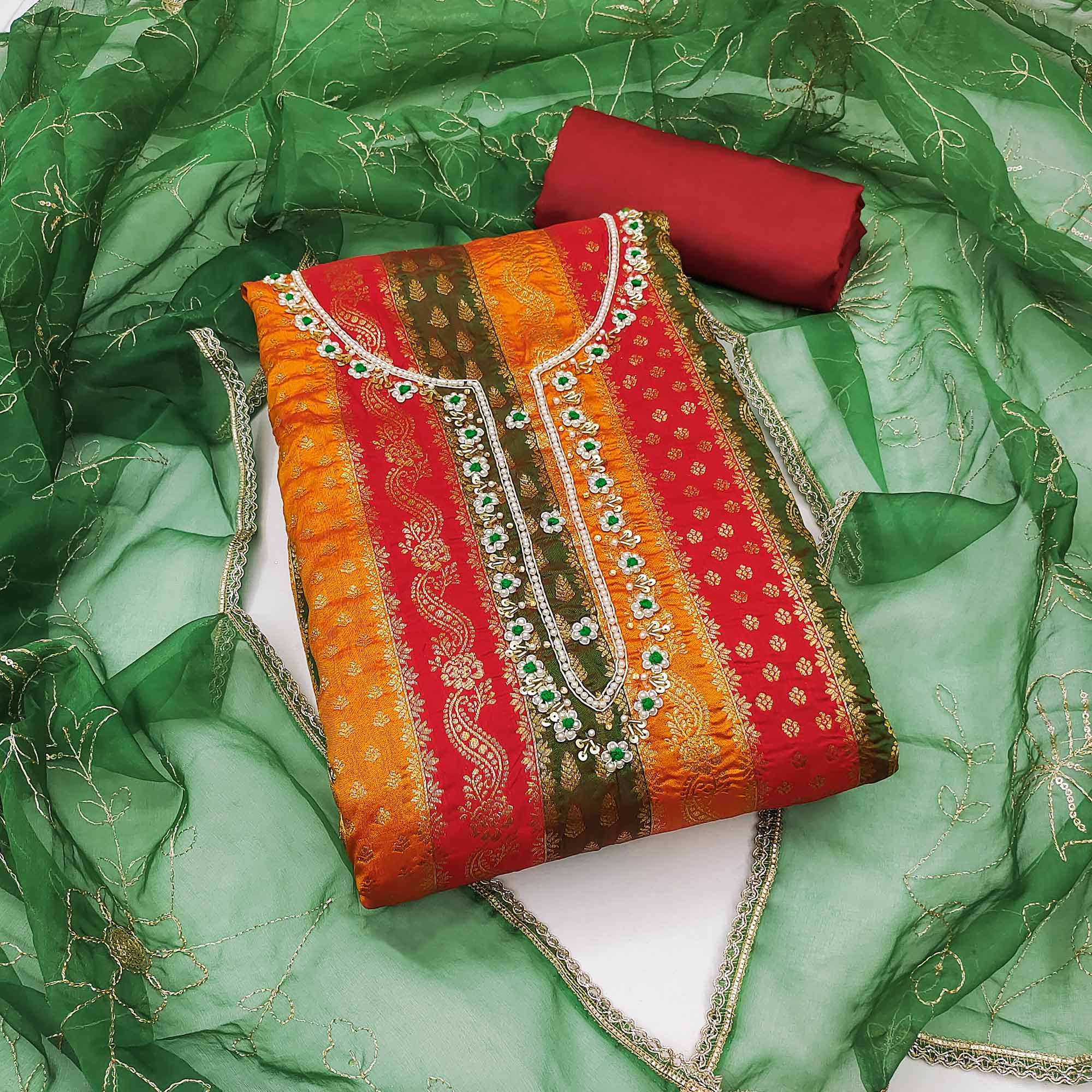 Red & Green Woven With Handwork Banarasi Silk Dress Material