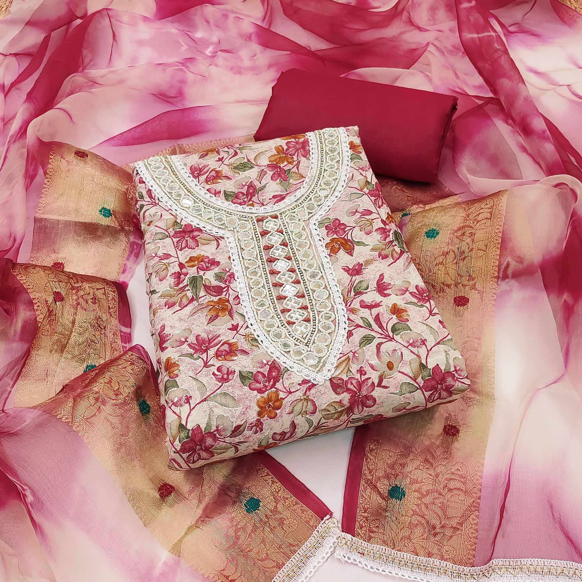 Cream & Maroon Floral Digital Printed With Handwork Pure Cotton Dress Material