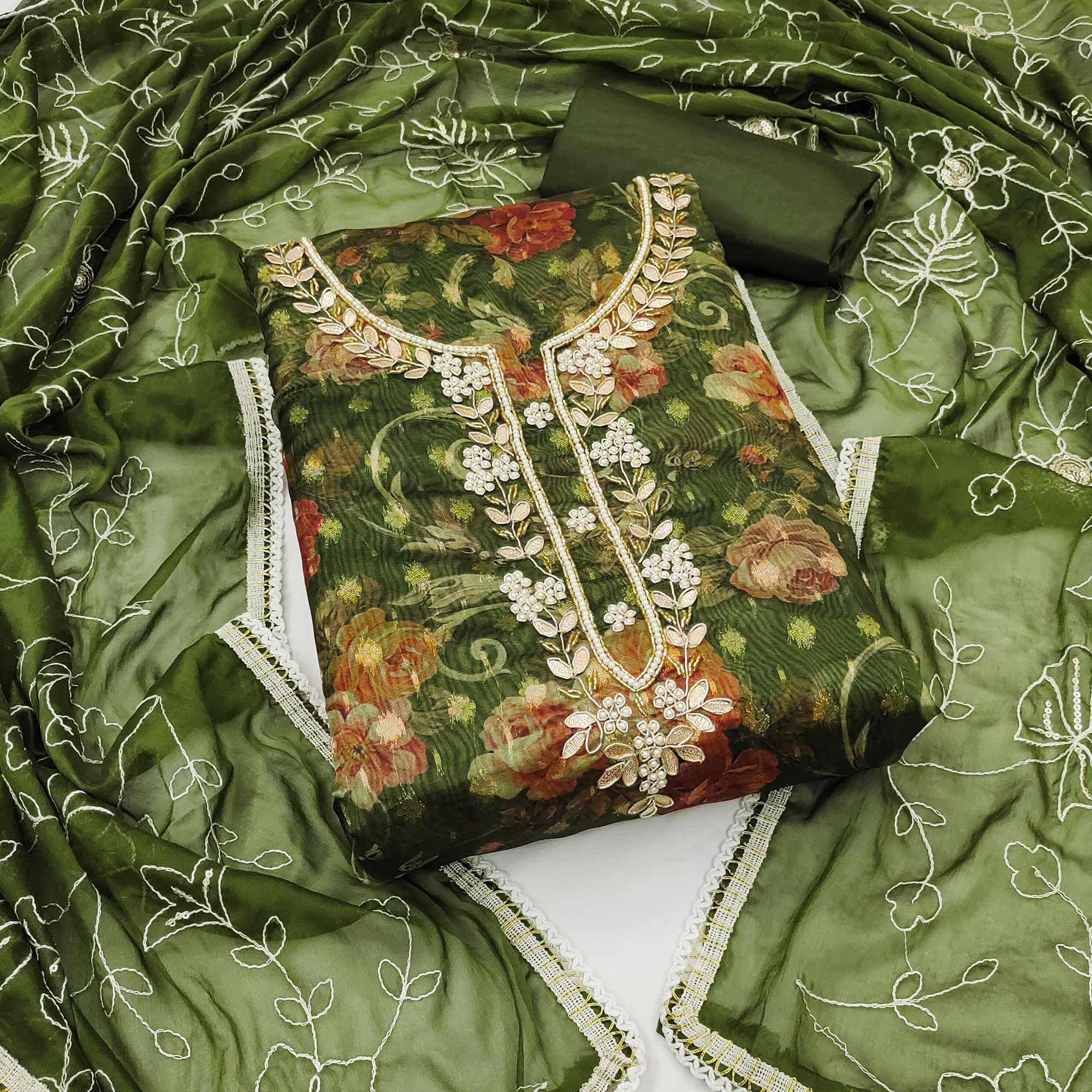 Green Floral Digital Printed With Moti Work Organza Dress Material