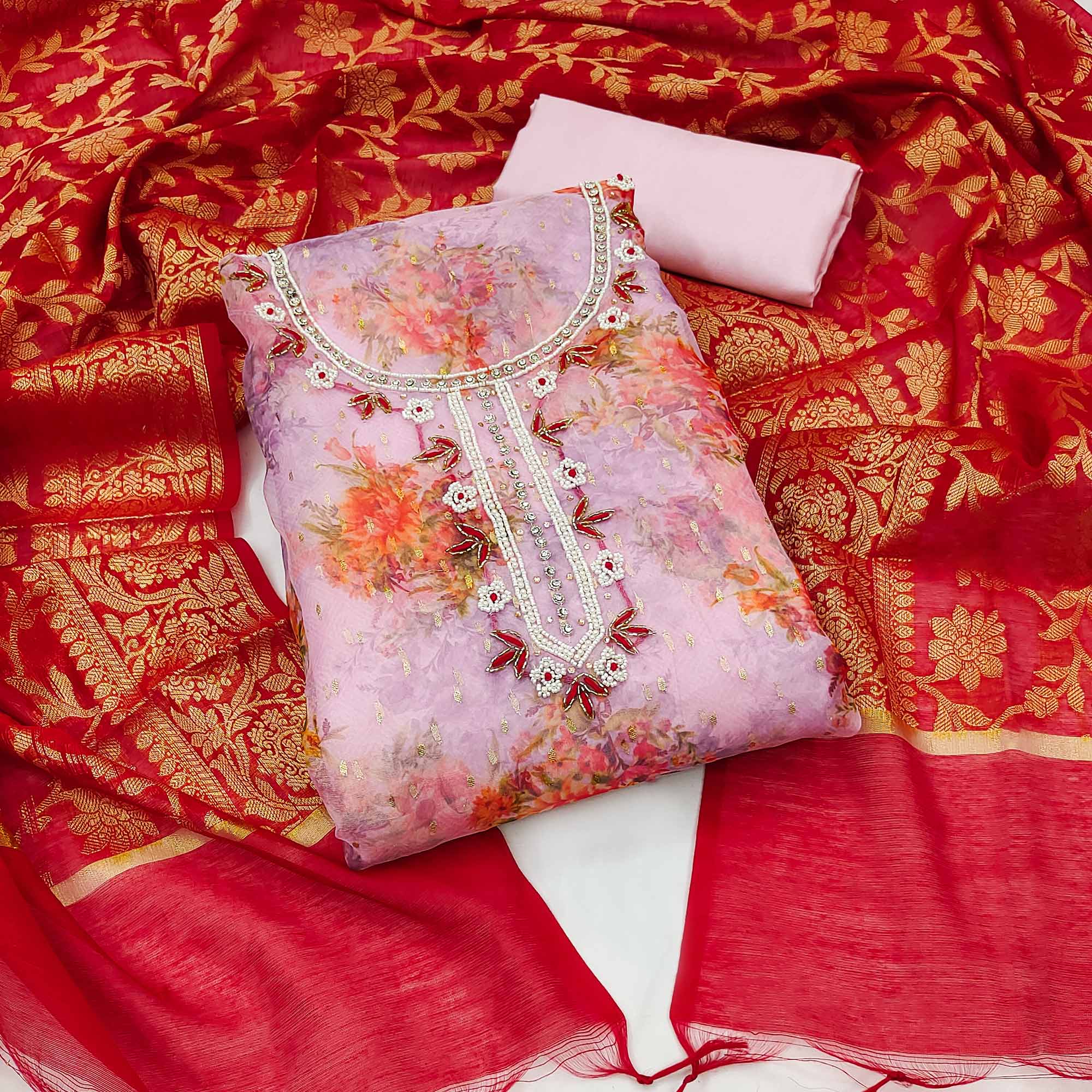 Pink Floral Digital Printed With Handwork Organza Dress Material