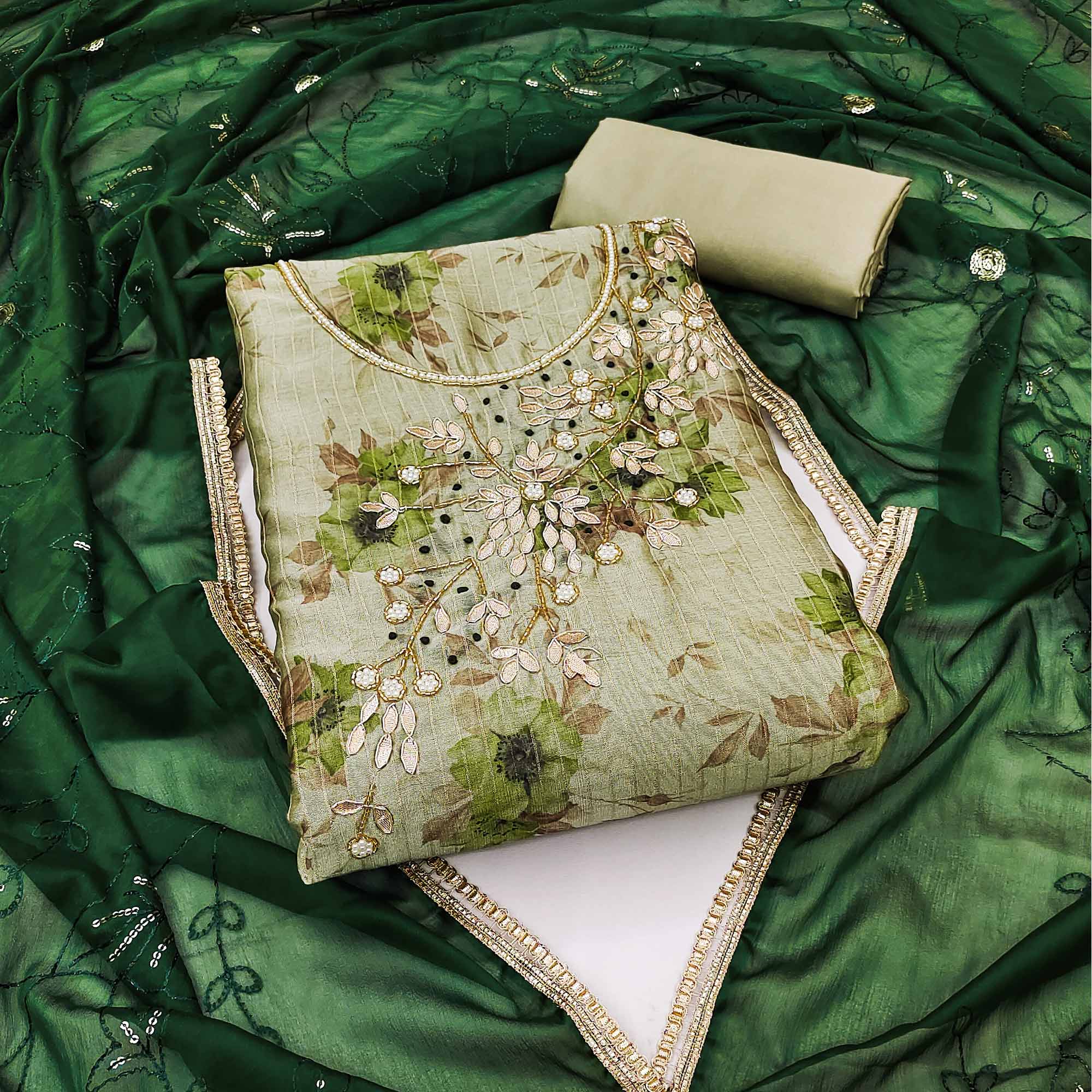 Green Floral Digital Printed With Handwork Chanderi Silk Dress Material