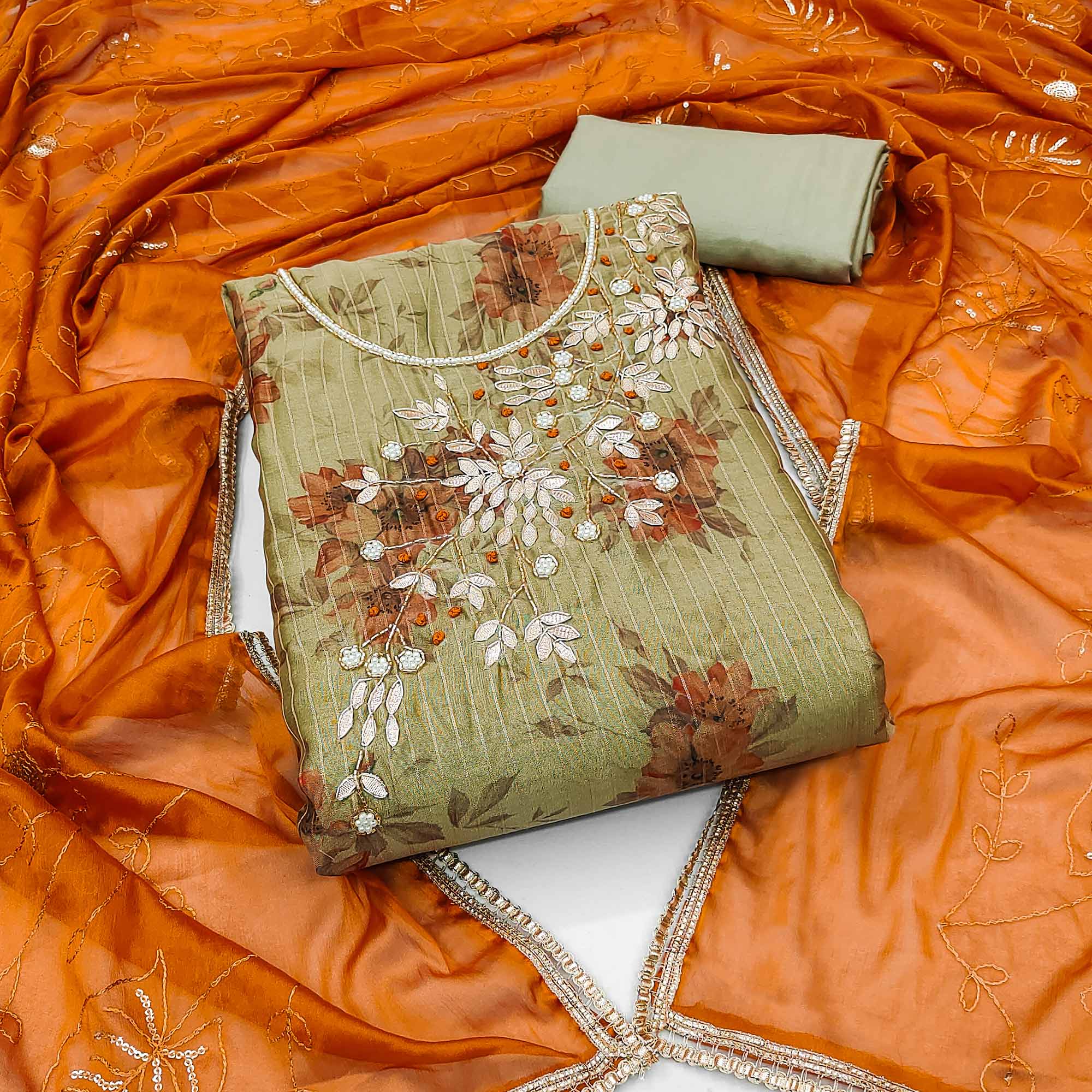 Green & Orange Floral Digital Printed With Handwork Chanderi Silk Dress Material