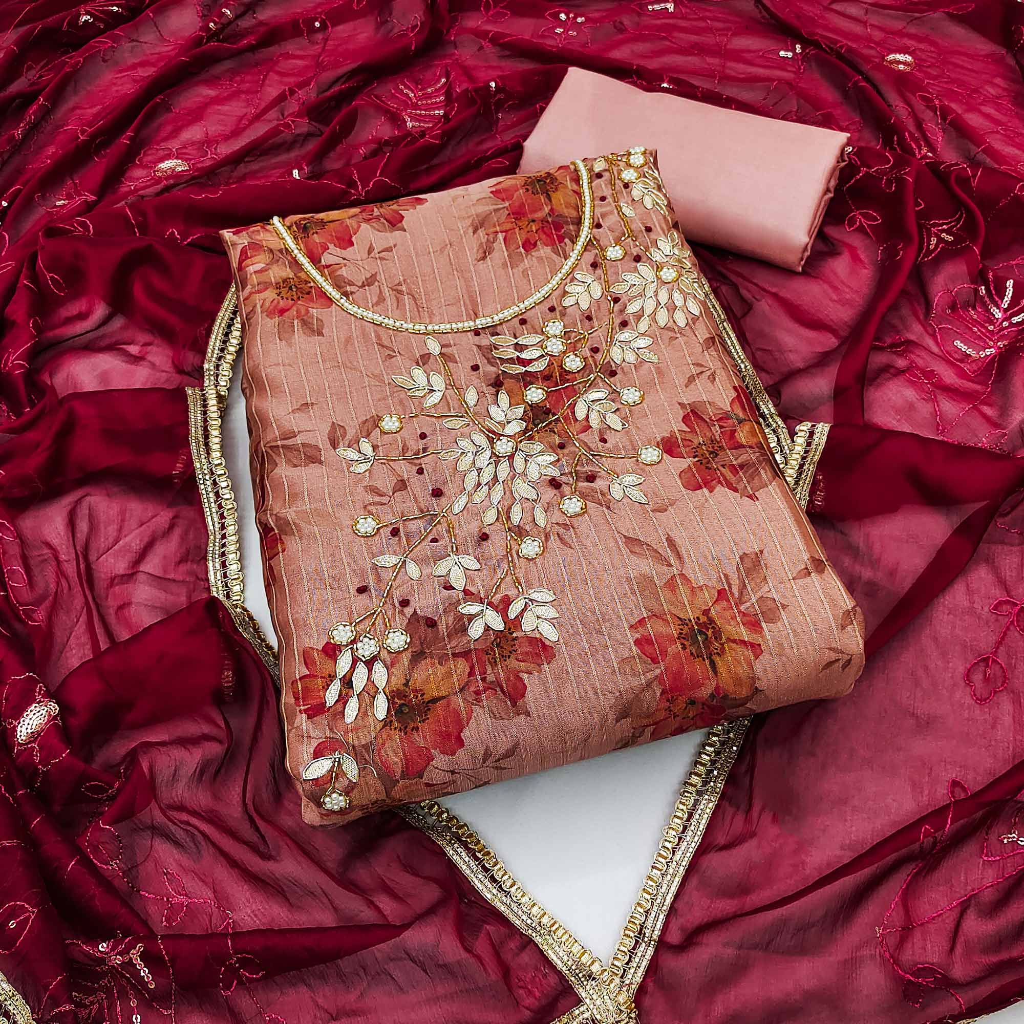 Peach & Wine Floral Digital Printed With Handwork Chanderi Silk Dress Material