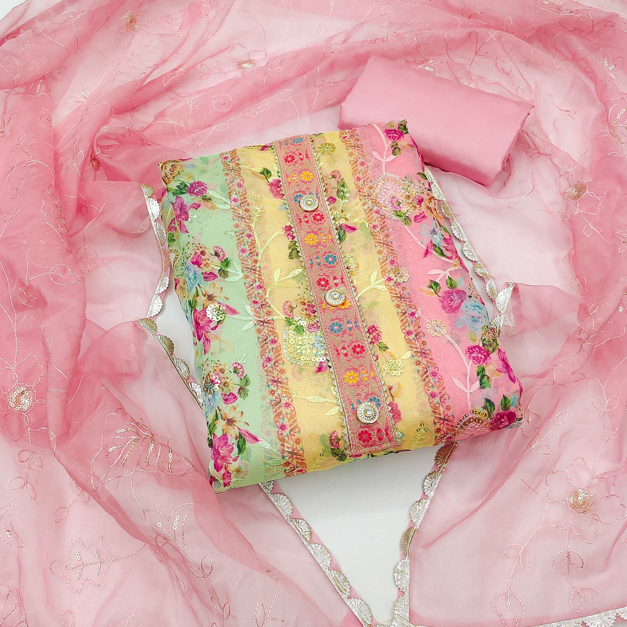 Pink Floral  Embroidered With Printed Organza Dress Material