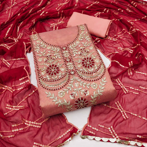 Dark Peach Embroidered Viscose Dress Material