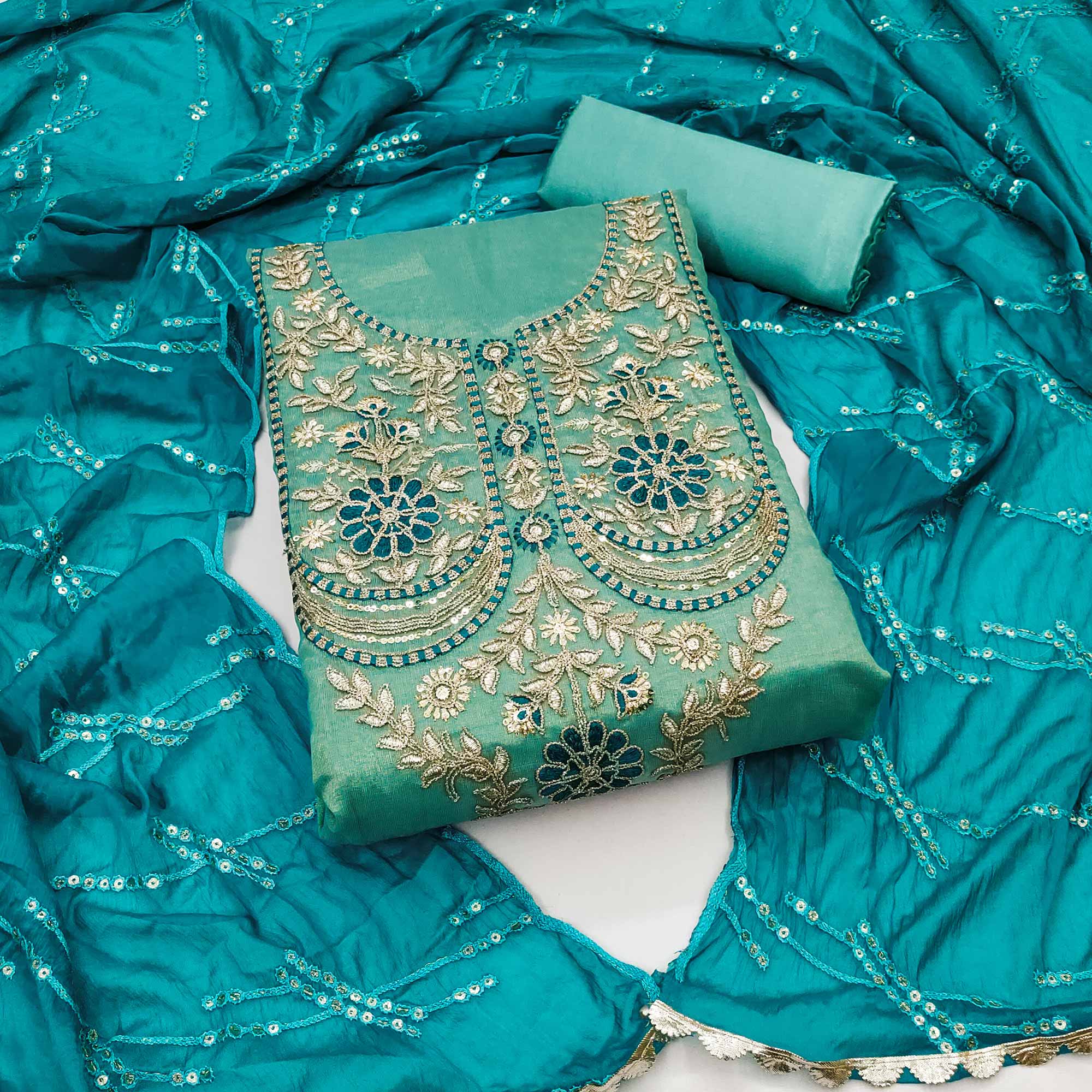 Turquoise Embroidered Viscose Dress Material