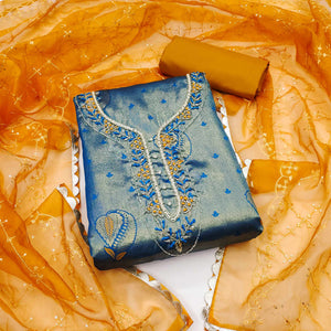 Blue Woven Banarasi Silk Dress Material