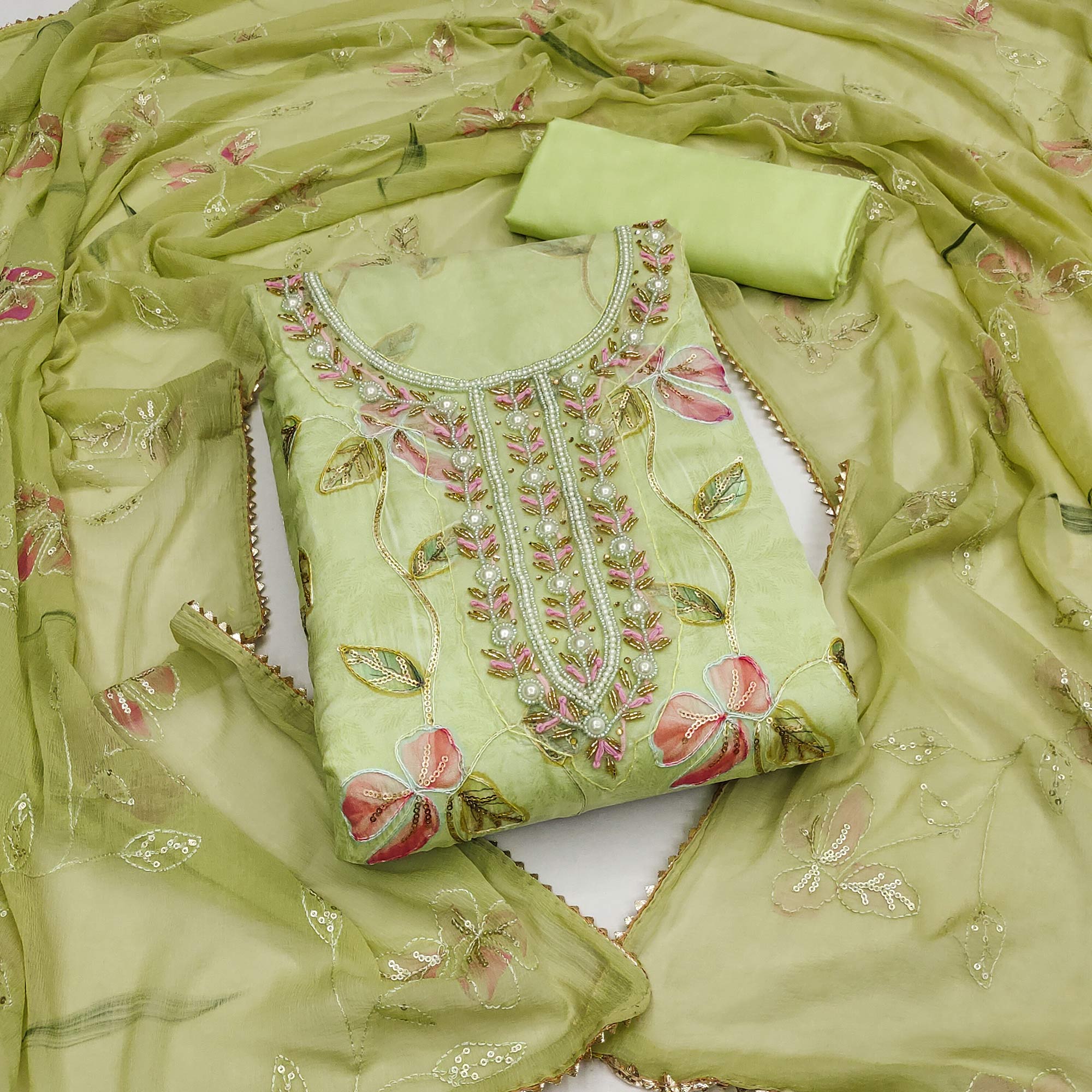 Green Floral Printed Organza Dress Material