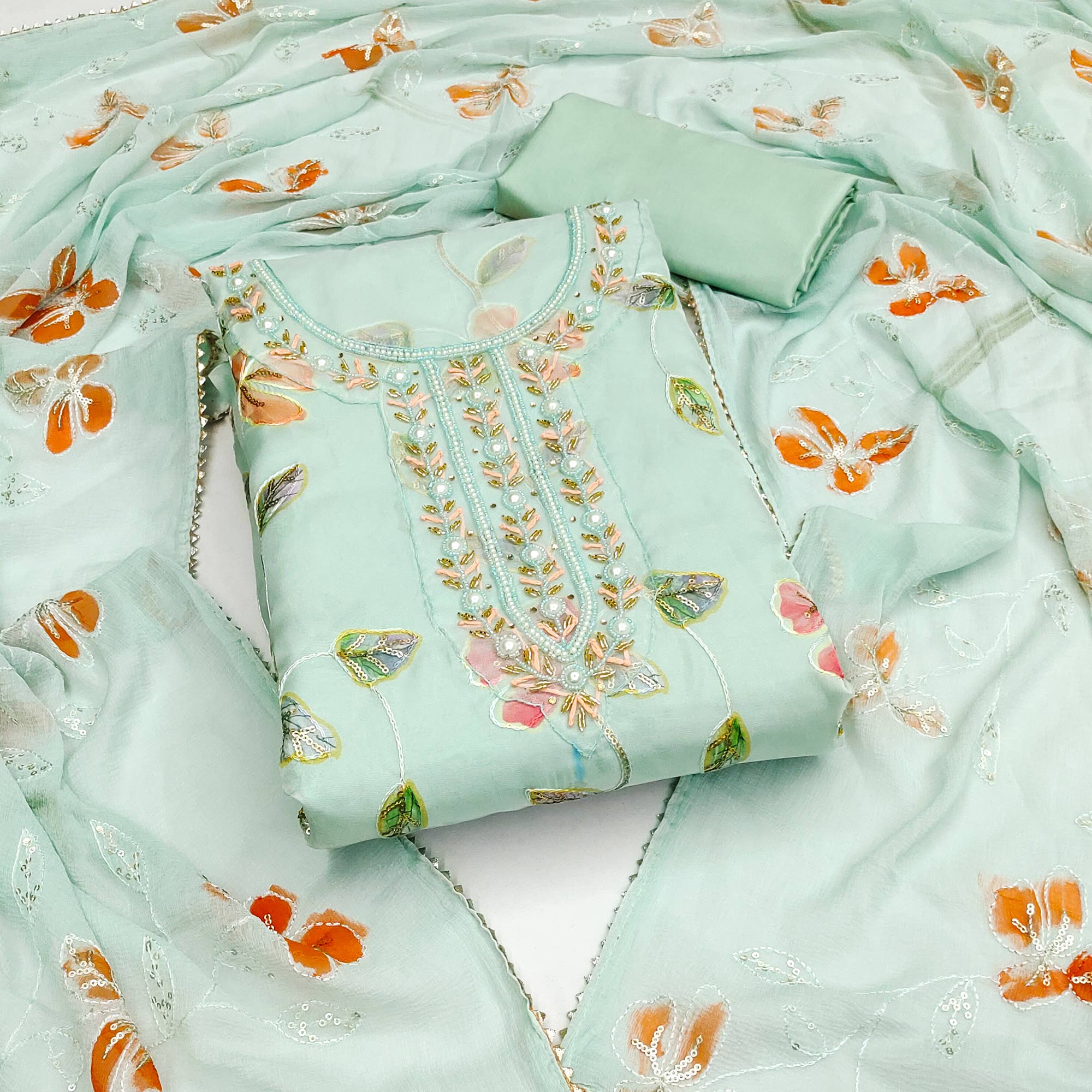 Sea Green Floral Printed Organza Dress Material