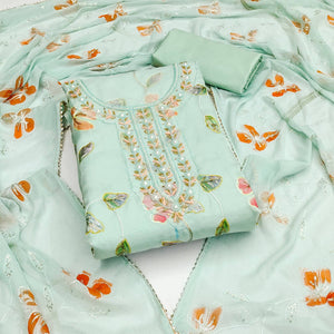 Sea Green Floral Printed Organza Dress Material