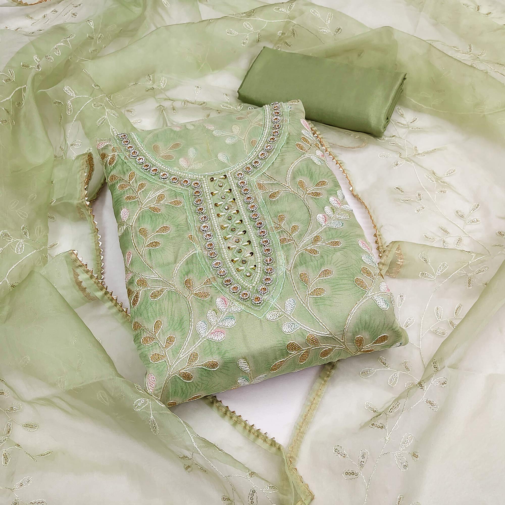 Green Embroidered Organza Dress Material