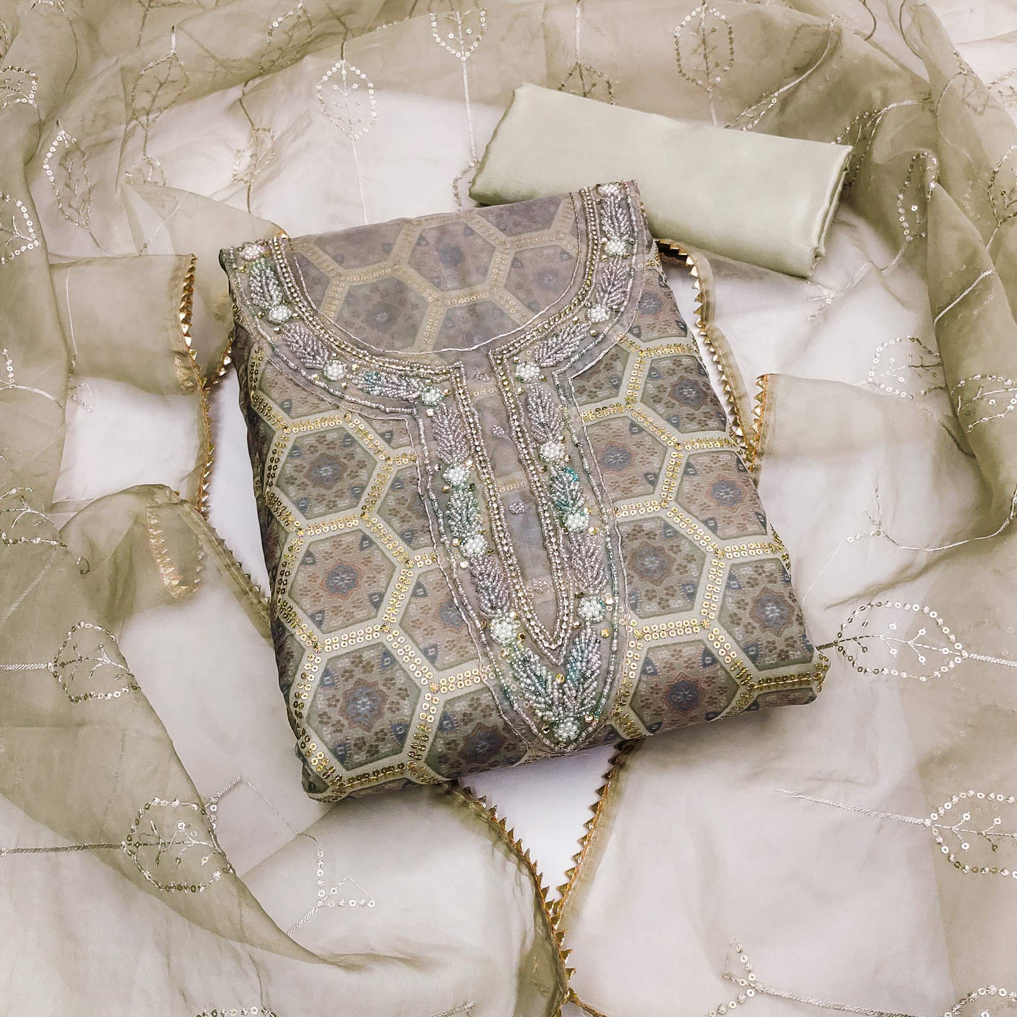 Beige Printed Organza Dress Material