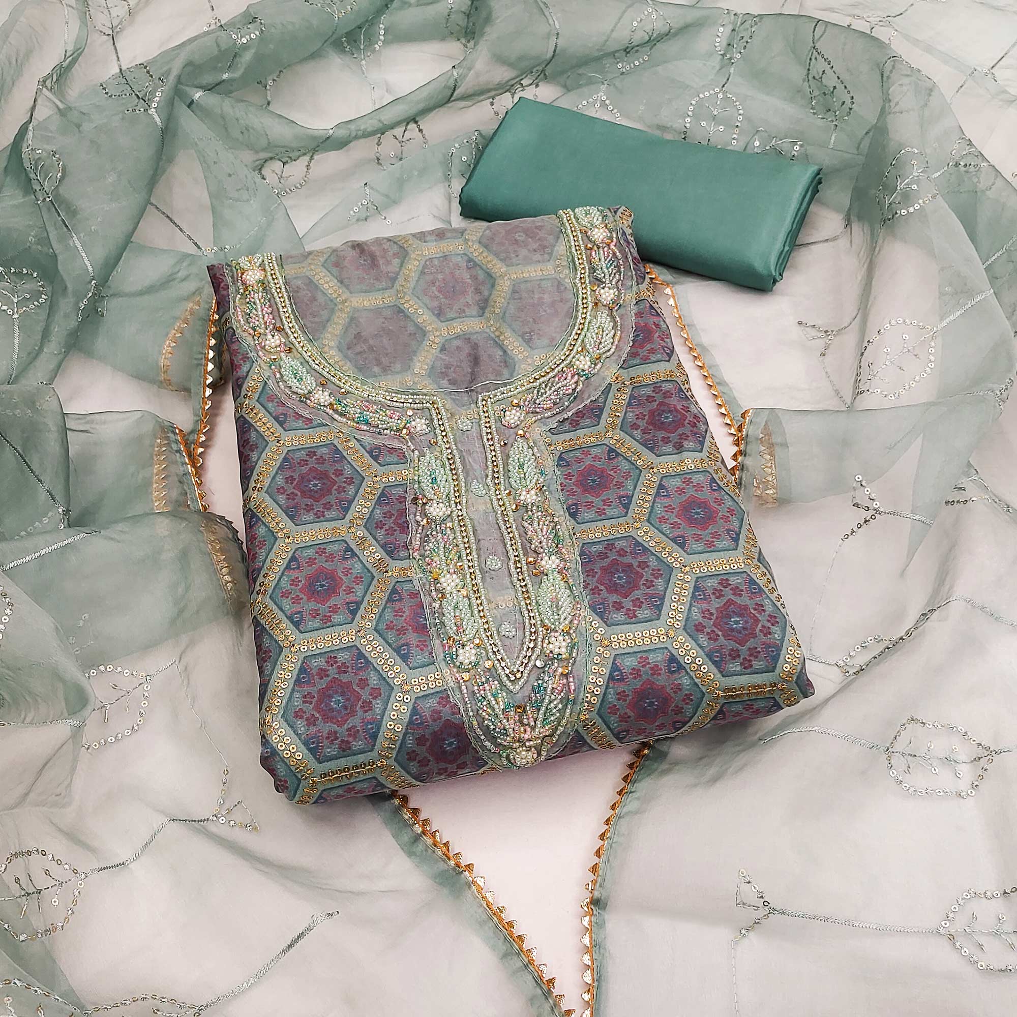 Grey Printed Organza Dress Material