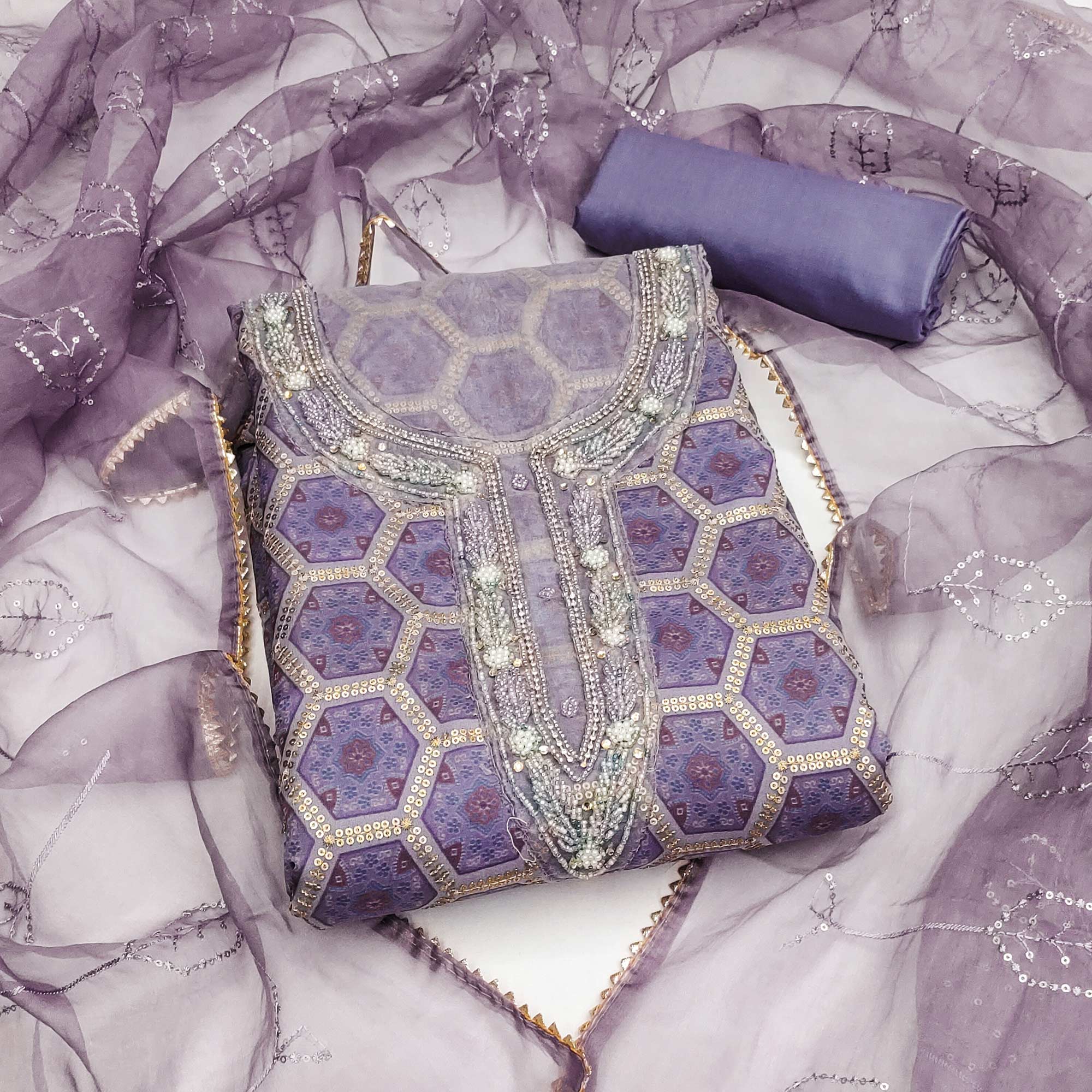 Lavender Printed Organza Dress Material