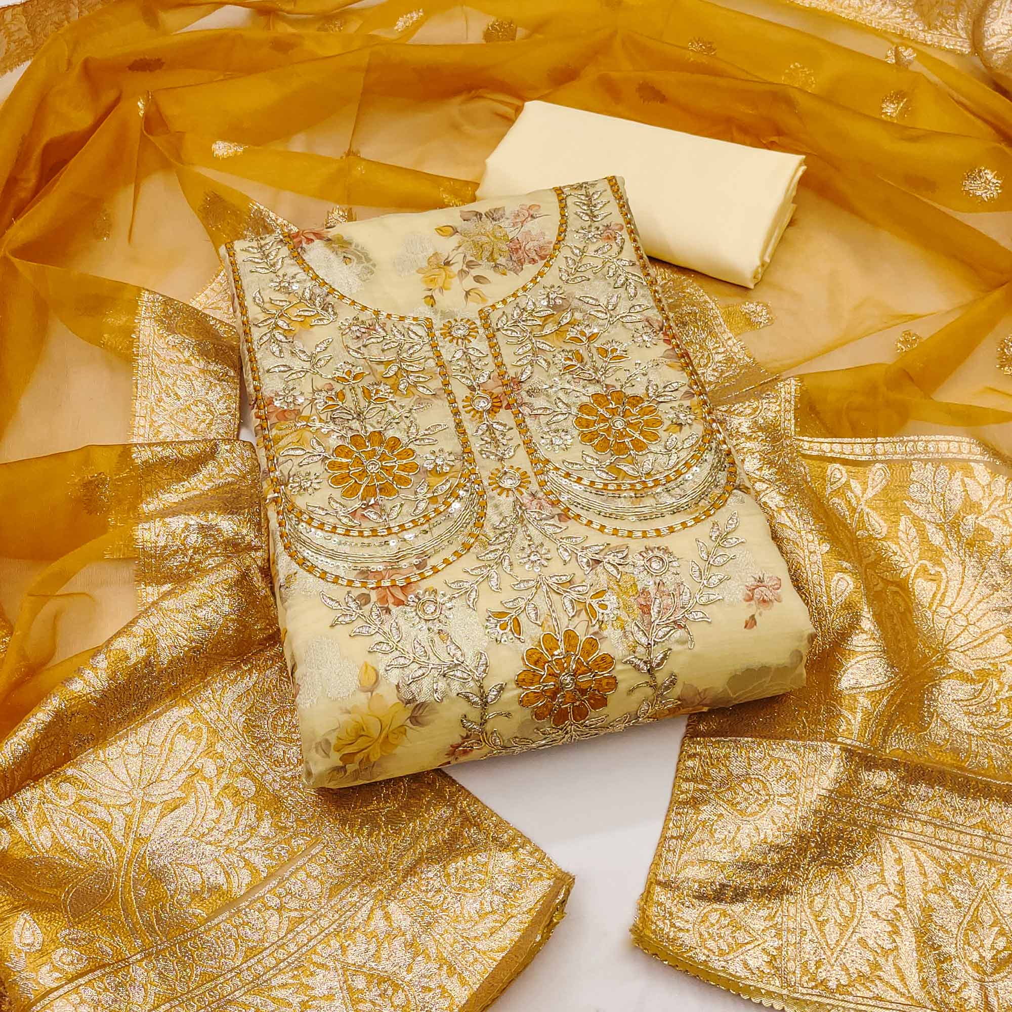 Cream Floral Woven Banarasi Silk Dress Material