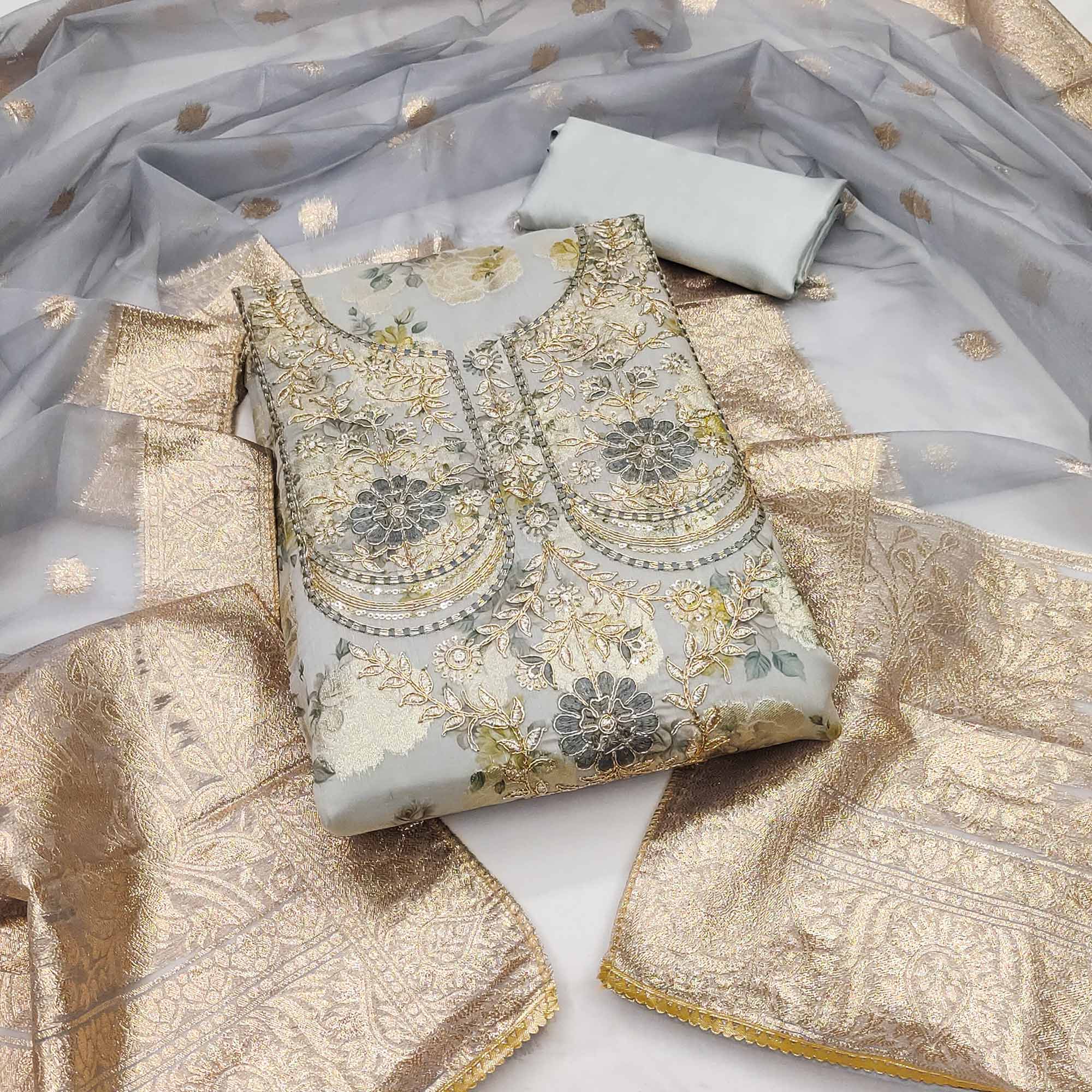 Grey Floral Woven Banarasi Silk Dress Material
