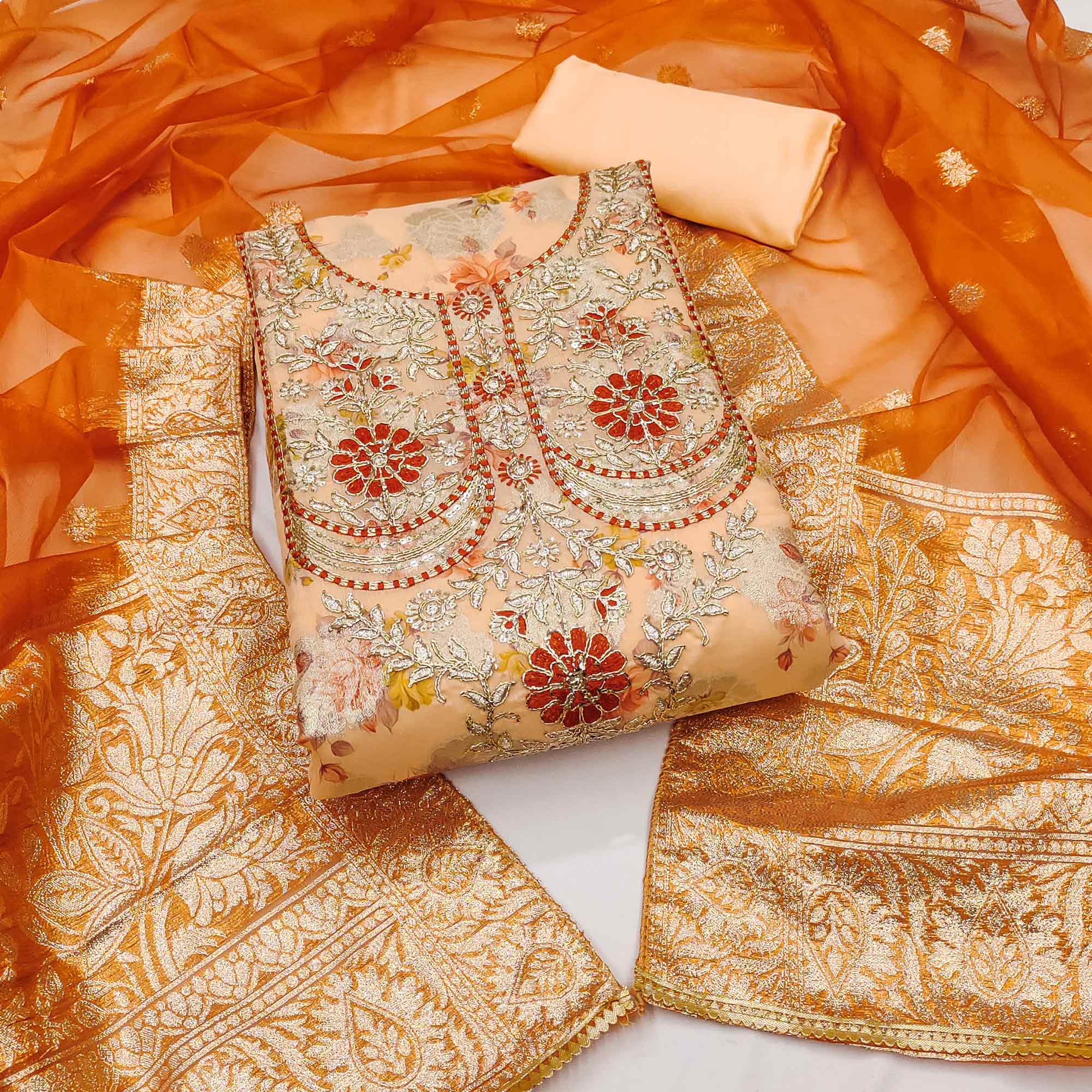 Light Orange Floral Woven Banarasi Silk Dress Material