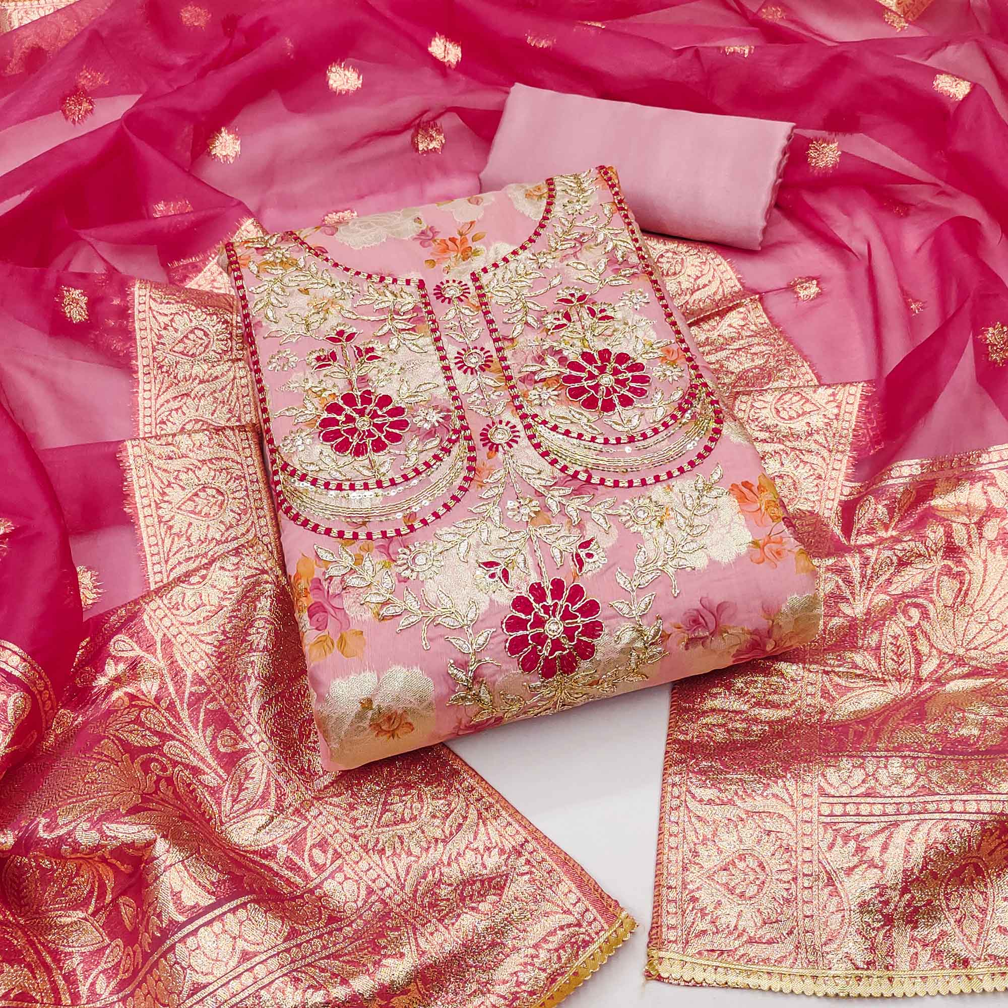 Pink Floral Woven Banarasi Silk Dress Material