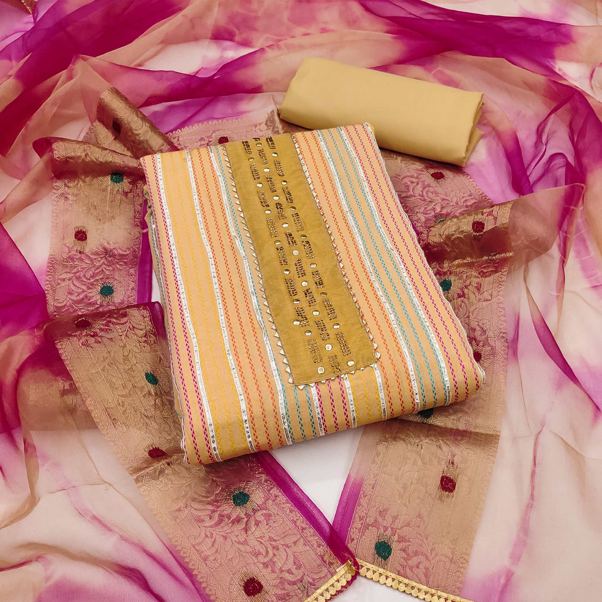 Beige Striped Woven Pure Cotton Dress Material